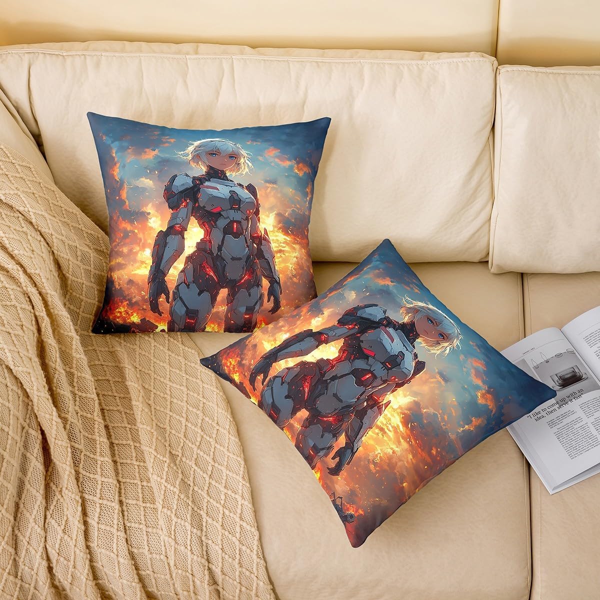 Mechanical Girl Double Sides Print Pillow Covers,Futurism Virtual Reality Theme Soft Square 18"x18" Cushion Cases,Modern Cool Anime Girl Sky Throw Pillowcases Set of 2 for Room Decor image 2