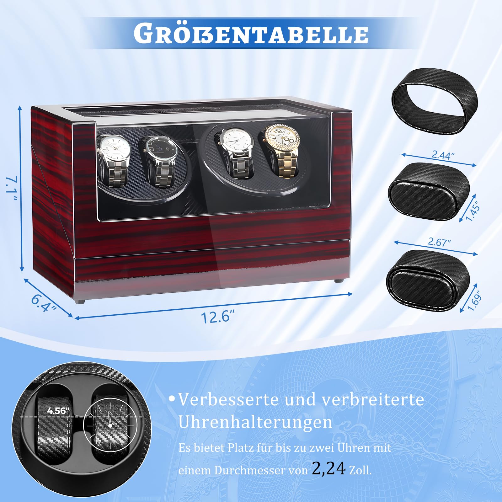 Uhrenbeweger für Automatikuhren, Automatikuhren-Winderbox mit LED-Beleuchtung, 4 Uhrenbeweger mit leisem Motor und 4 Rotationsmodi