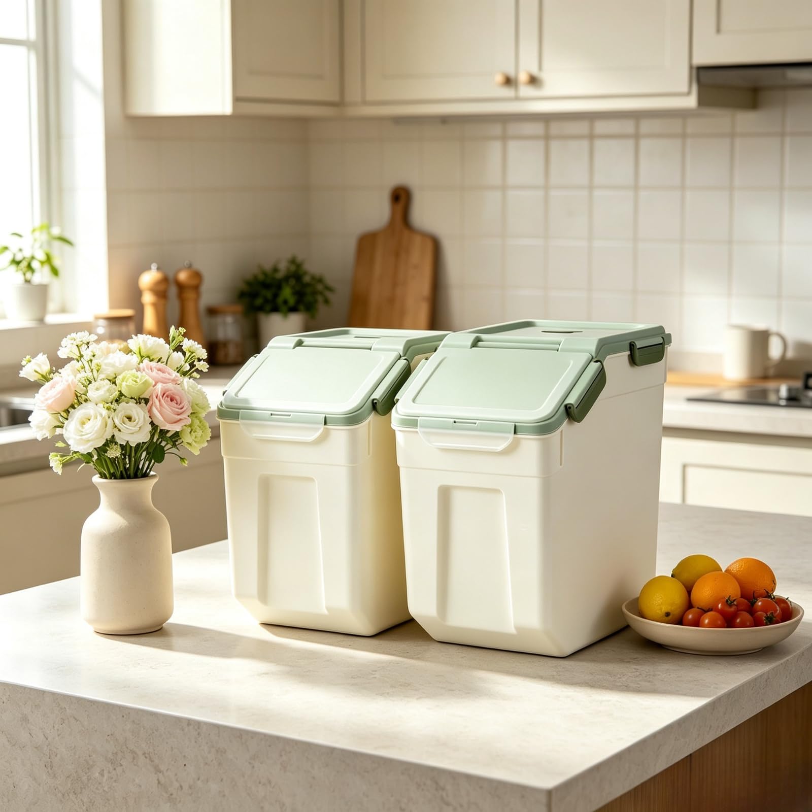 Juego de 2 recipientes herméticos para almacenamiento de alimentos para perros, 15 kg, cubos grandes de comida para mascotas con ruedas y tapa de bloqueo, almacenamiento de alimentos secos sin