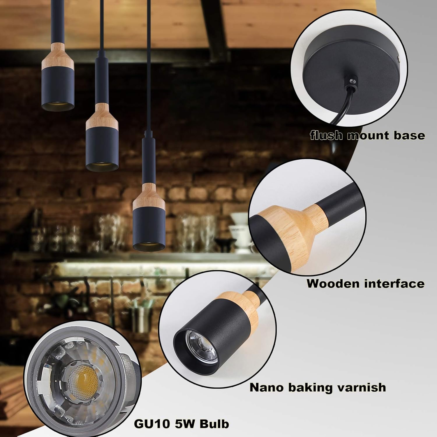 Buy 1 get 1 🔥 WHAERRP Modern Mini Cylinder Pendant Light , Hanging Light Fixture with Matte Black Finish and Wood Shade GU10 Base Loft Wram White Ceilings Lamps for Kitchen Island Restaurants Dining Room (2-Pack)