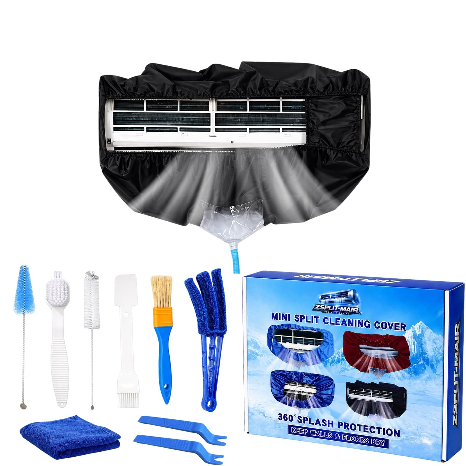 Kit de nettoyage climatisation 360° professionnel pour climatiseur split et mural, housse de nettoyage avec accessoires pour un nettoyage maison facile (Noir, M)