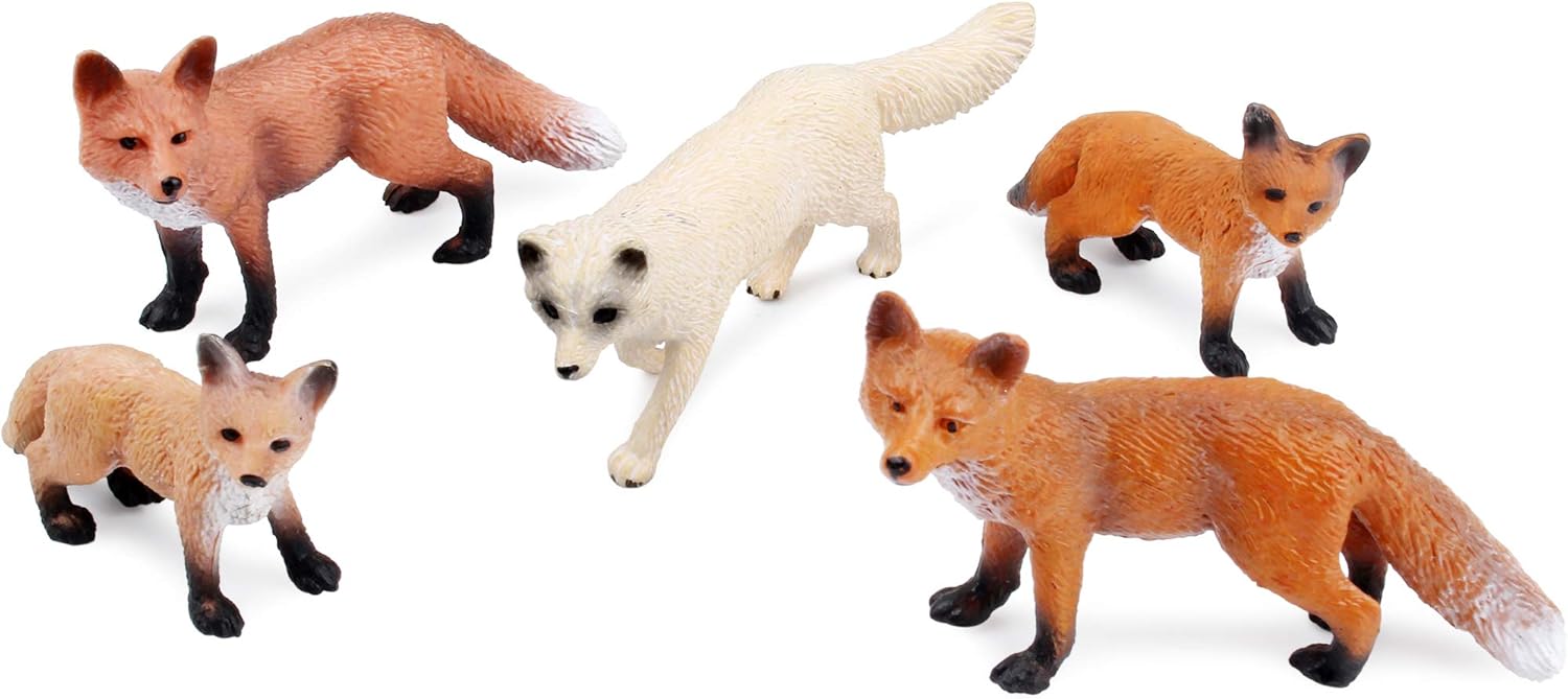 UANDME Fox Toy Figures Set Includes Arctic Fox & Red Foxes Figurines Cake Toppers (5 Foxes)