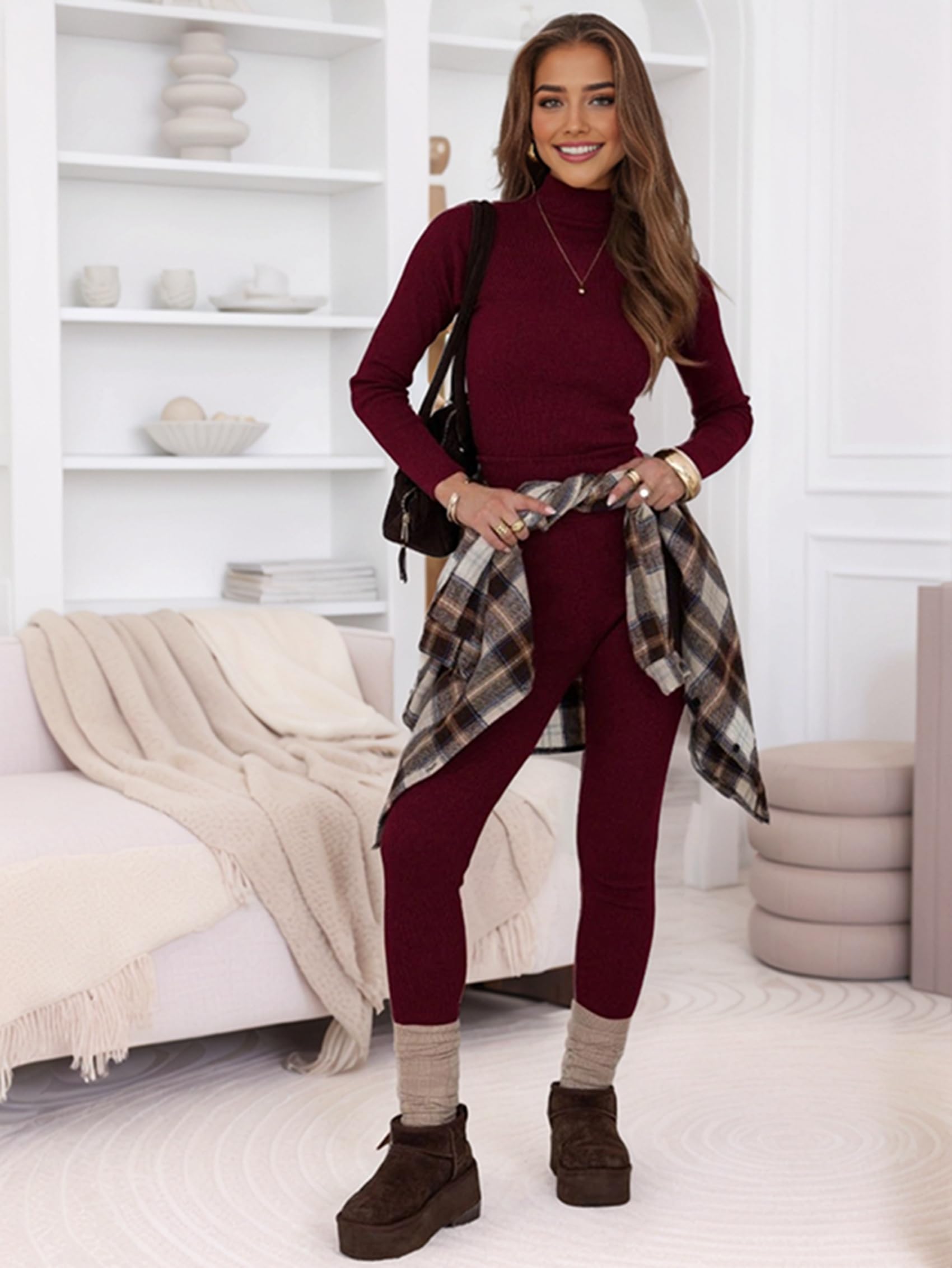 Ensembles de sous-Vêtements Thermiques Tricotés 2 Pièces pour Femmes: Pull à Col Roulé et Manches Longues et Legging Vin Rouge S