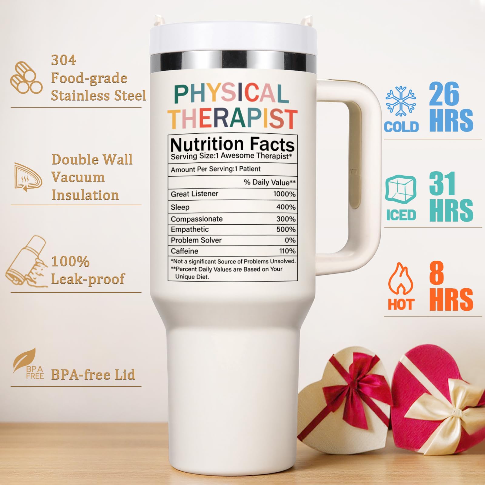 Lifecapido Physical Therapist Gifts, PT 40oz Insulated Tumbler with Stickers, Birthday Christmas PT Month Gifts for Physical Therapists, Creamy