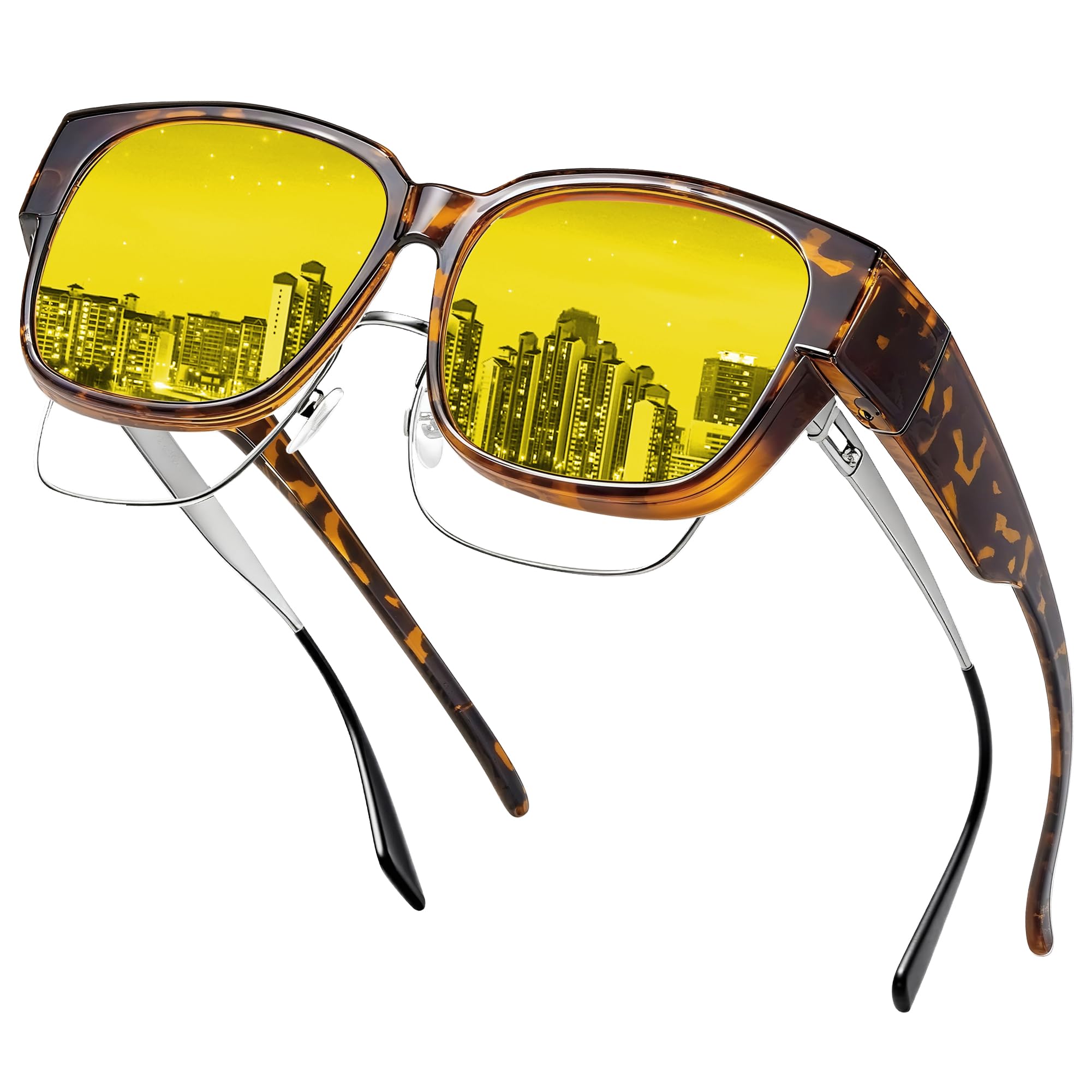 MIRYEA Nachtzicht-rijbril, anti-glare fit, over correctiebril, flip-up HD, gepolariseerde zonnebril voor dames en heren, geel