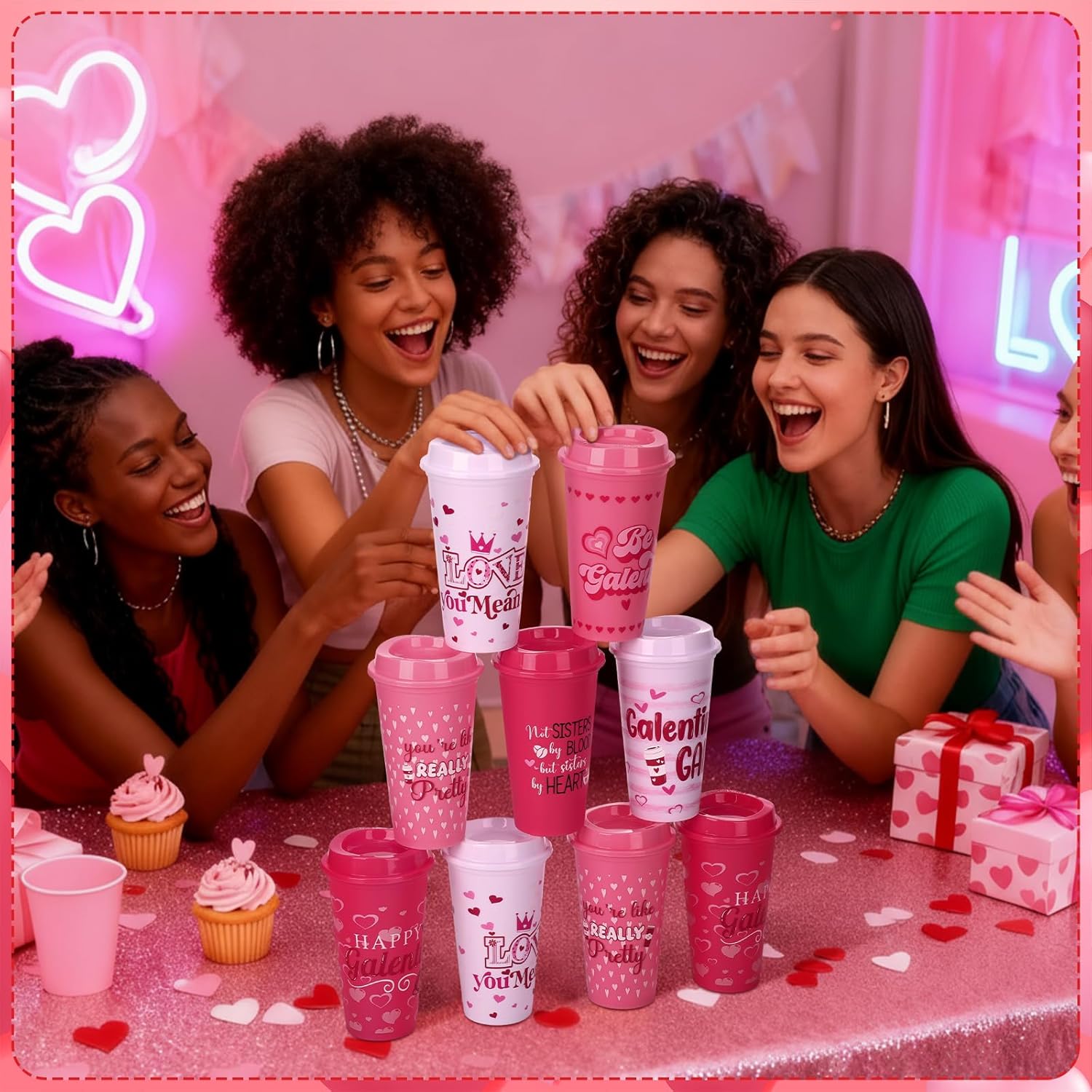 12 Pcs Galentines Day Coffee Cups Gift Bulk with Lids 16 oz Reusable Plastic Heart Cups Galentine's Day Party Supplies Red Pink Mug for Women Teacher Galentine‘s Friendship Gift for Hot Cold Drink