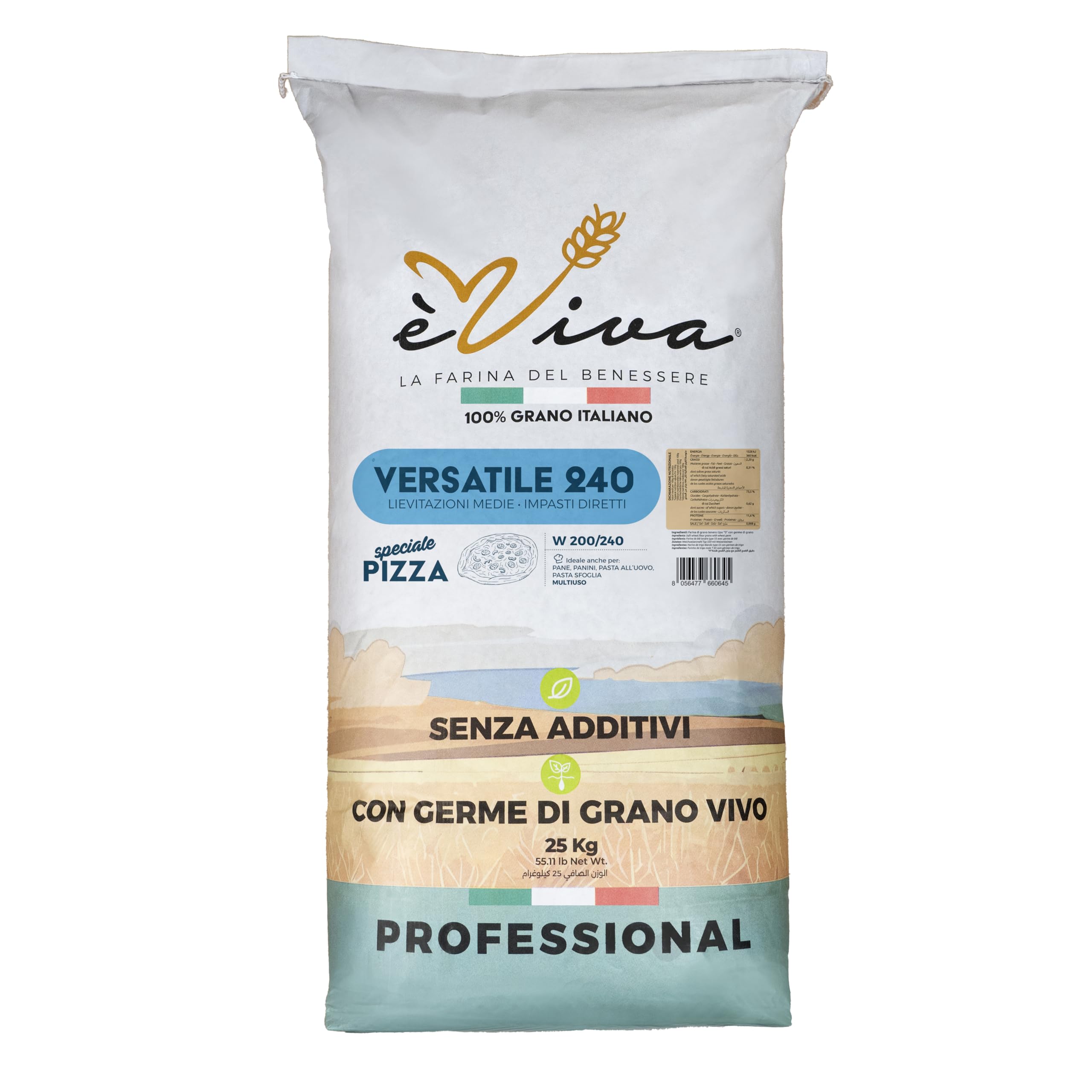 Agricola Piano – Versatile 240 | All-Purpose/Plain Flour Italian Type '0' kg 25 - For Neapolitan Pizza – Natural Italian Flour - Additive-Free - with Live Wheat Germ - Also Ideal for Bread