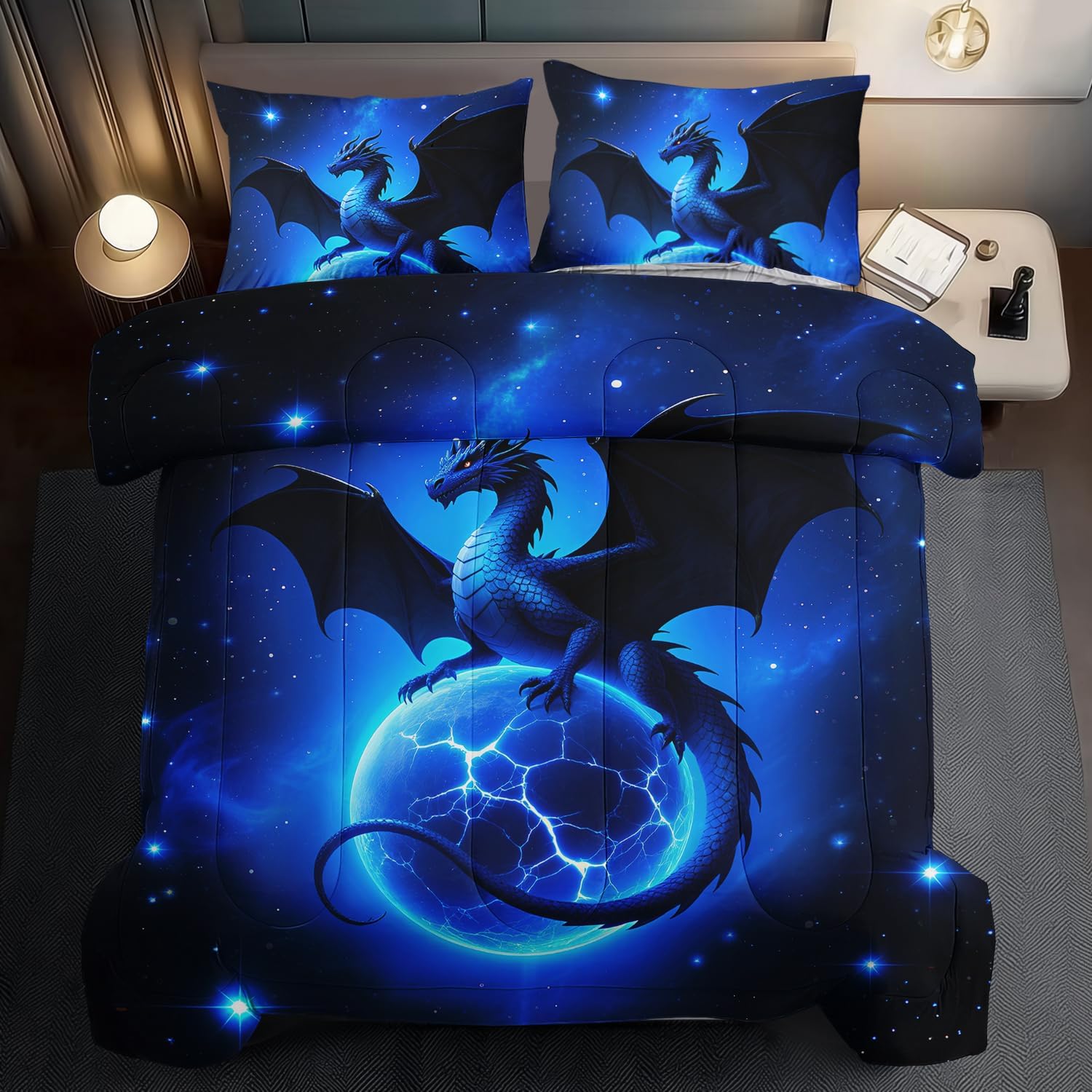 Black Dragon Comforter Set Queen Size Bearded Dragon Bedding Set for Kids Boys Teens Space Comforter Queen Galaxy Bedding Galaxy Themed Bedroom Decor Western Magical Quilt