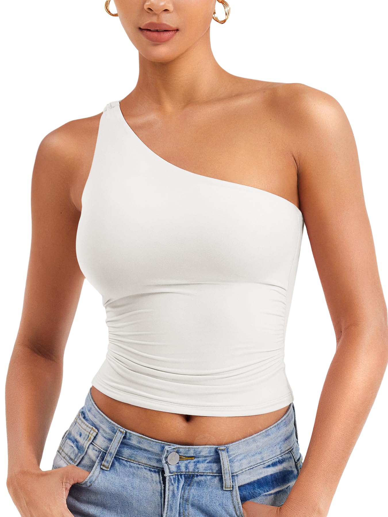 ZAAYO Damen One Shoulder Tank Tops Schulterfrei Oberteil Y2K Slim Fit Crop Top Sexy Sommer Tops Double Lined Sleeveless Cropped Tee Shirt
