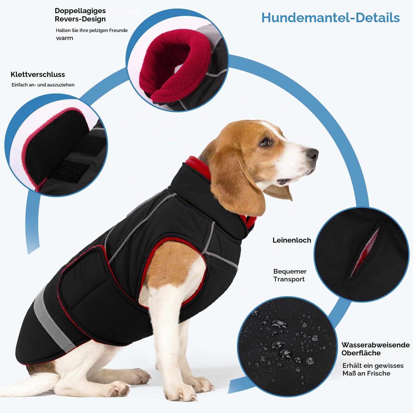 CITÉTOILE Wasserdichter Hundemantel mit Leinenöffnung Schwarz L | Zweifarbige Hundejacke mit Klettverschluss, Warm Winter Hundekleidung mit Reflektoren, Wintermantel mit Bauchschutz für Hunde