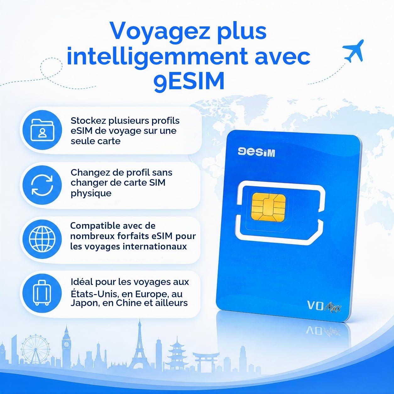 V0MAX Carte eSIM pour Android débloqué – Adaptateur SIM vers eSIM, 30 Profils + 1GB de Données Gratuites, Téléchargements Illimités, Pré-découpée Standard, Voyage Global USA/EUR/JP/CH