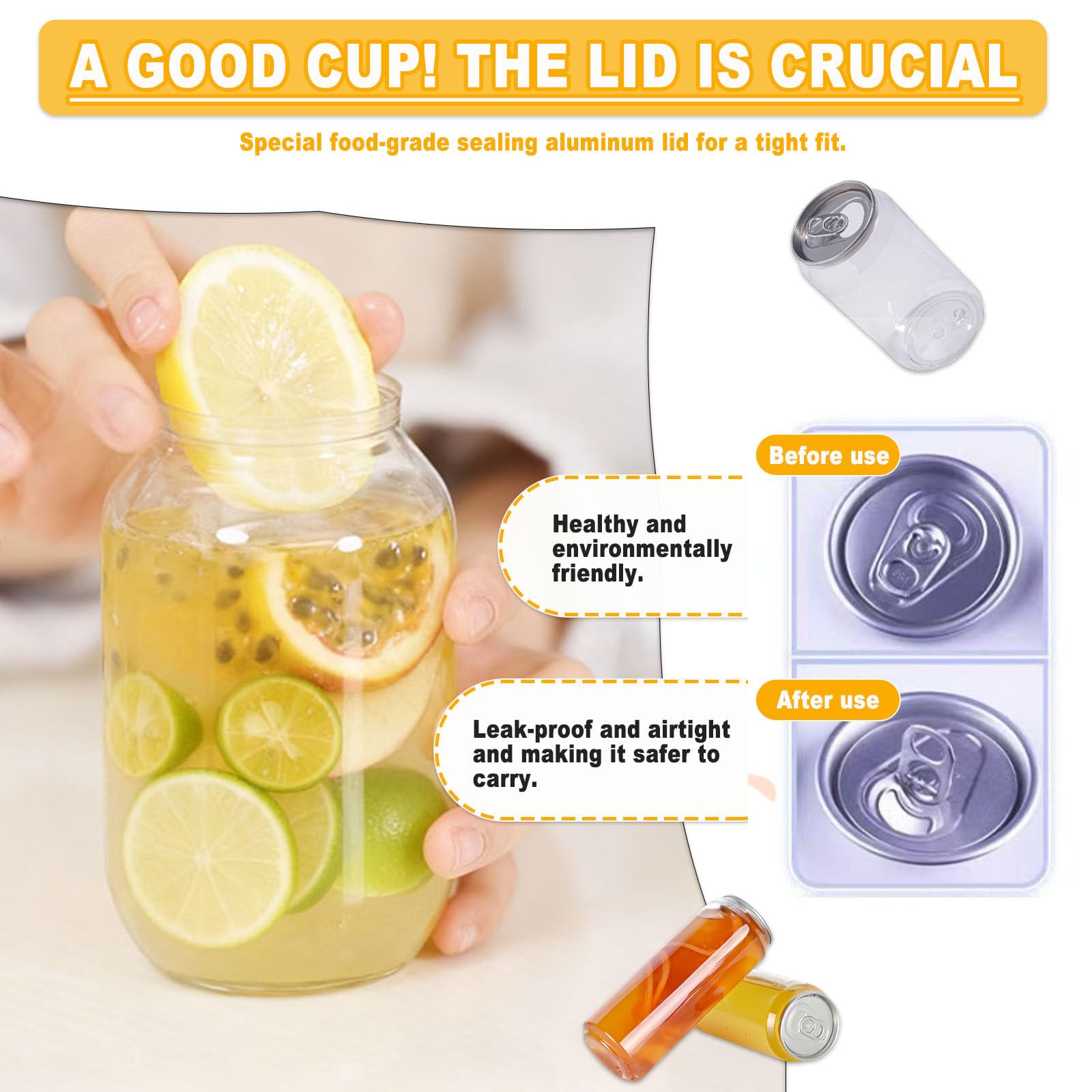Botellas De Plástico Vacías De 55 Mm Para Máquinas Selladoras De Latas, Latas De Plástico Con Tapa, Envases De 250 Ml, 330 Ml Y 500 Ml Para Jugos Y Batidos, Para Té De Burbujas. 500ml(100sets)