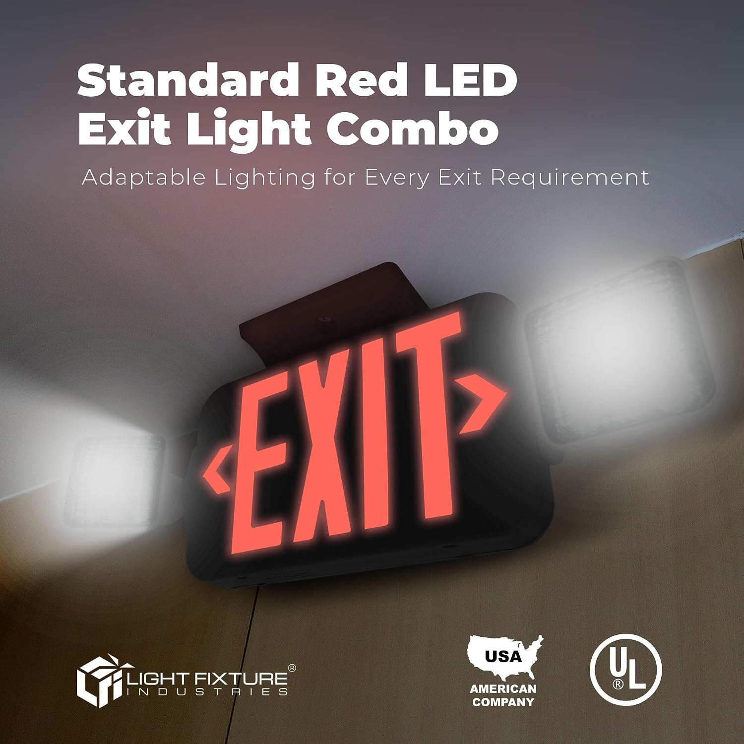 LFI Lights® Standard COMBO UL 924 Listed, Exit Sign with Emergency Lights, Remote Head Capabe, Red LED, Black, 120/277VAC Hardwired with Battery Backup, Optional Double Face and Knock Out Arrows, COMBO2RBRH