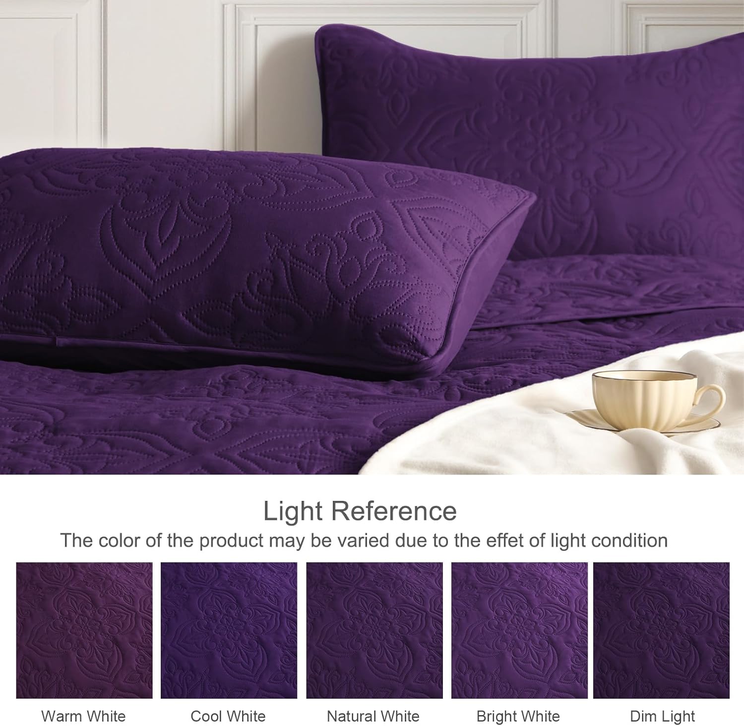 Whale Flotilla Soft King Quilt Bedding Set for All Seasons, Elegant Vintage Damask Ultrasonic Quilts Set, Lightweight Reversible Bedspread, Coverlet, Bed Cover with 2 Pillow Shams, Purple - Image 4