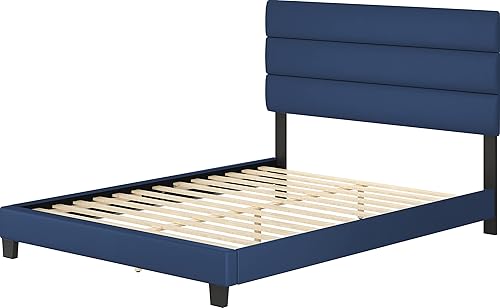Miniatura 3 de Boyd Sleep Marco de cama tapizado de tela de piel sintética Piamonte con cabecera ajustable, soporte de listones de madera fuerte sin ruido, no