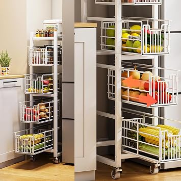 4-Tier Pull-Out Storage Organizer Rolling Utility Cart - Universal Metal Craft Shelf Trolley for Home Kitchen Bathroom Bedroom Office Classroom Laundry Cleaning Supplies Bar with Caster Wheels