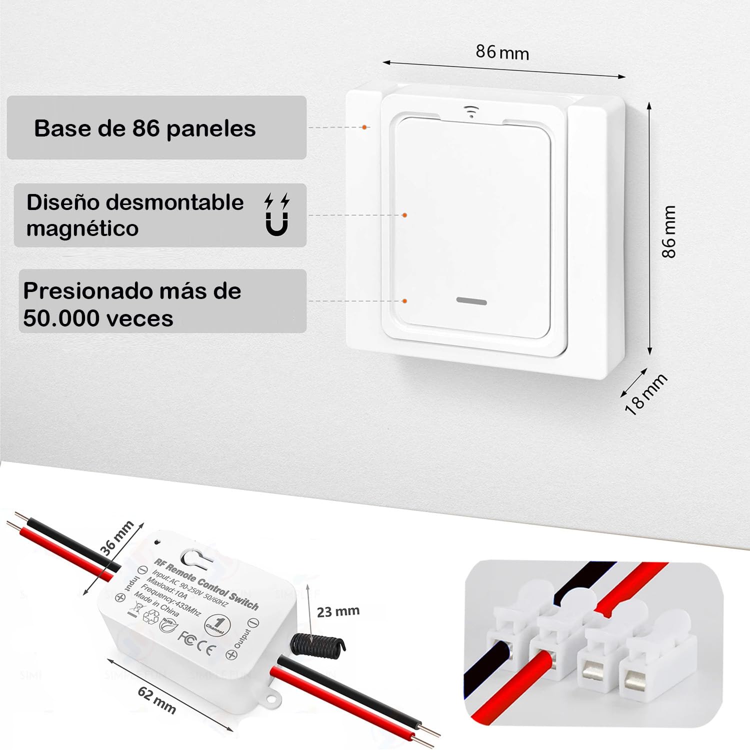 Kit de Interruptor de Luces Inalámbricas, Interruptor Inalámbrico Receptor Relé 220V 2000W RF Control Remoto Hasta 150M Mando Distancia para Luces y Electrodomésticos, No se requiere WiFi