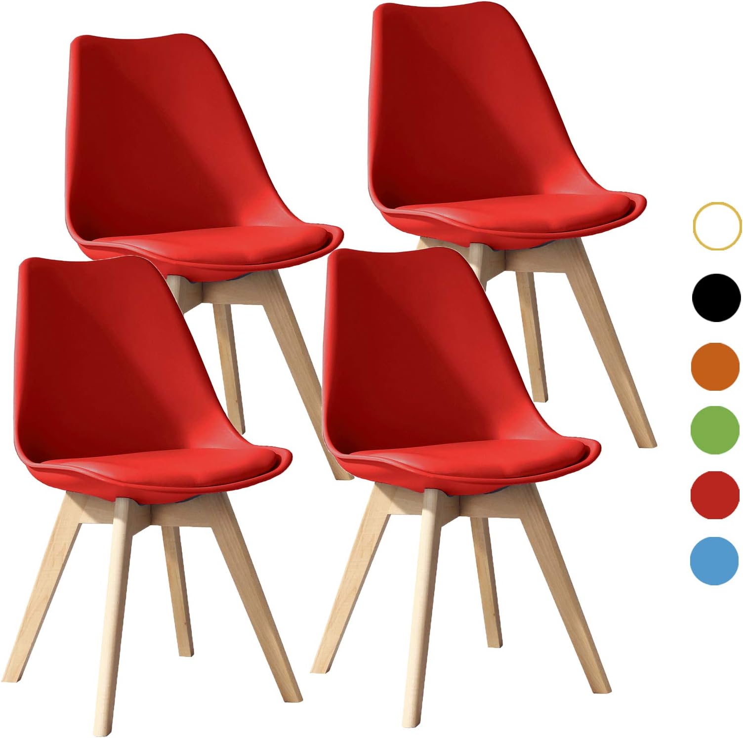SALBAY Dining Chairs Tulip Chairs Retro Wooden Legs Cushioned PU Seat (Red, 4)