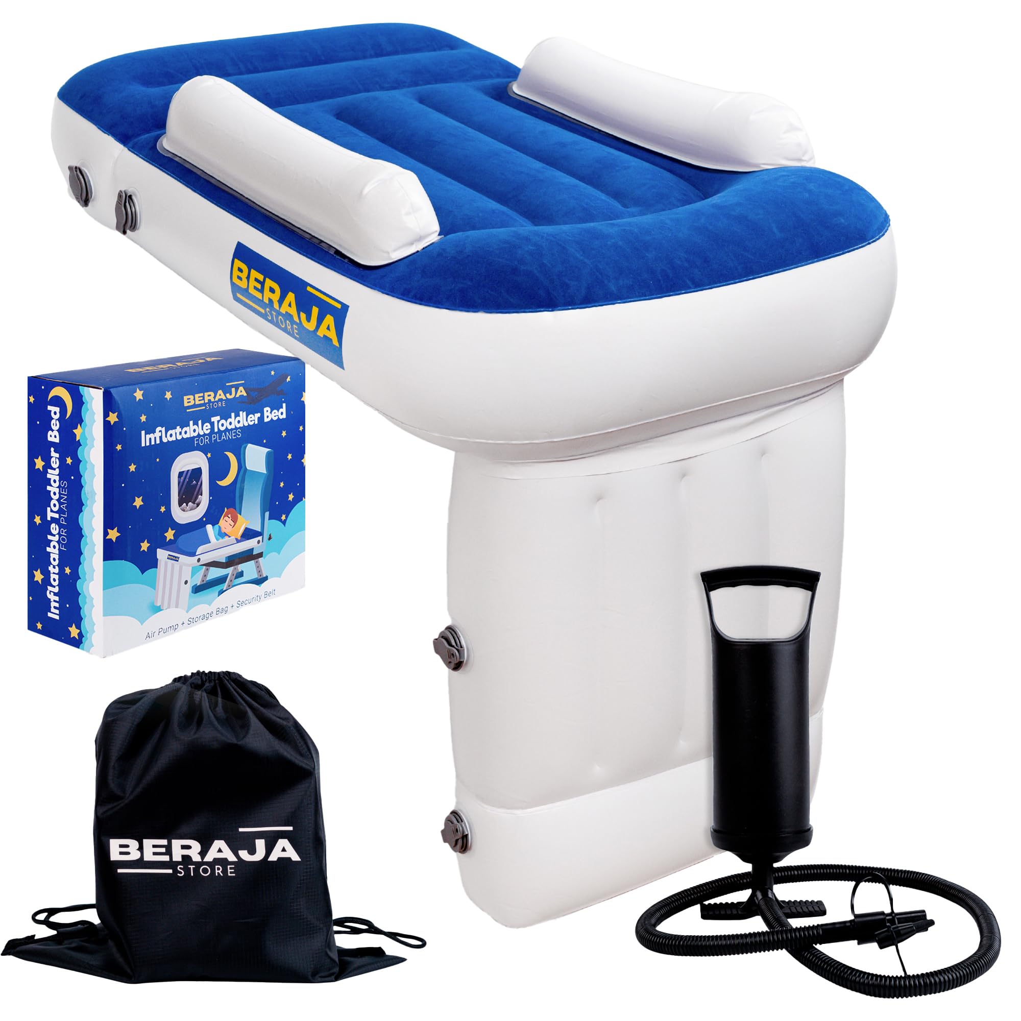 Beraja Store Toddler Airplane Bed Seat Extender for Kids - Airplane Bed for Toddler, Safety Belt, Carry Bag & Fast-Pump - for Toddlers Flight Sleep (