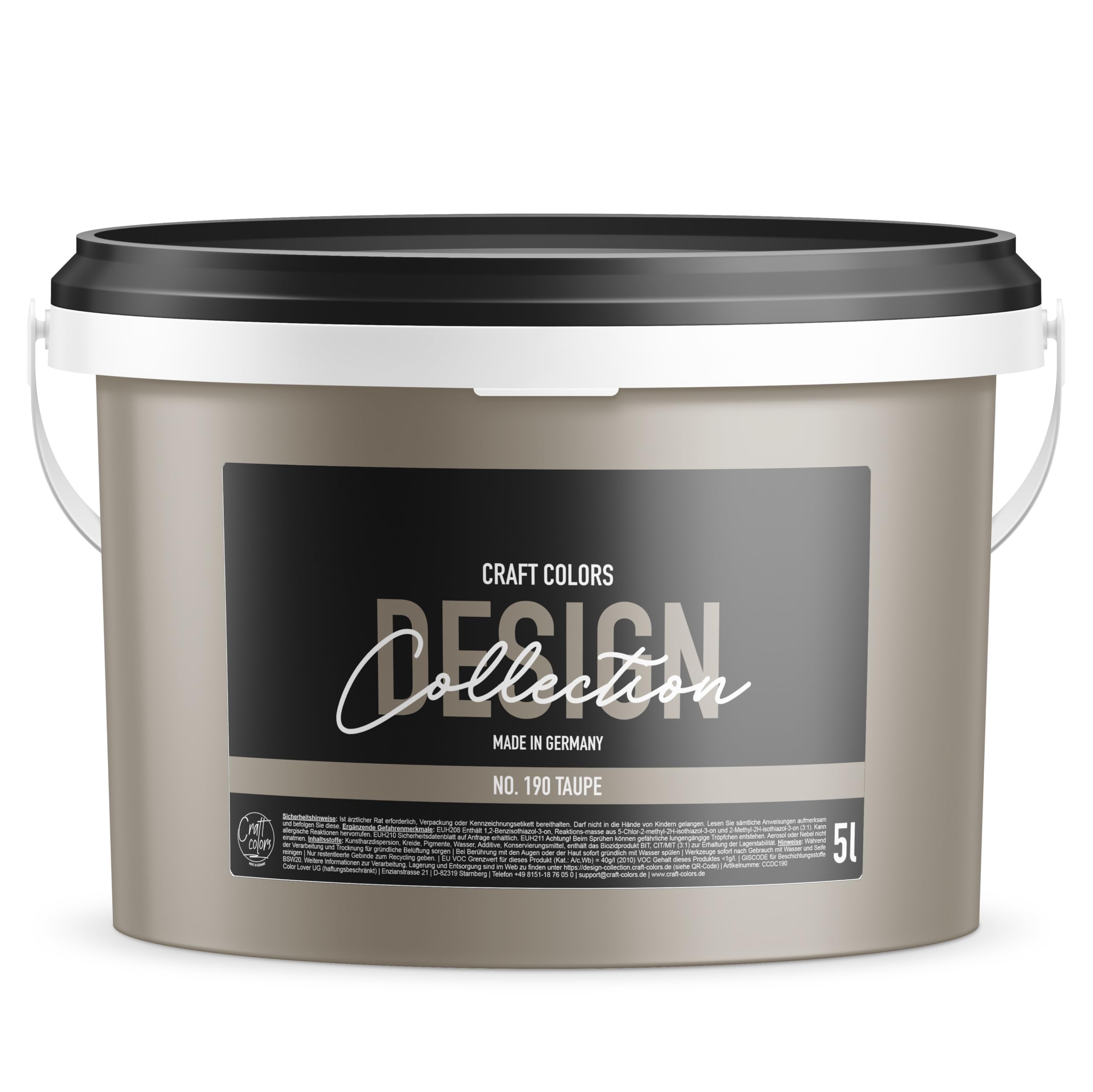 Craft Colors® Peinture murale de qualité supérieure - Finition mate - Fabriquée en Allemagne - Collection Design n° 190 - Taupe (5 Litres)