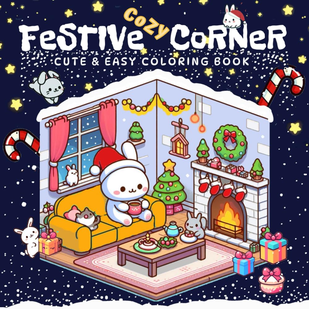 Festive Cozy Corner: Cute & Easy Coloring Book: Comfy Christmas Vibes for Adults, Teens and Kids (Bold & Easy)