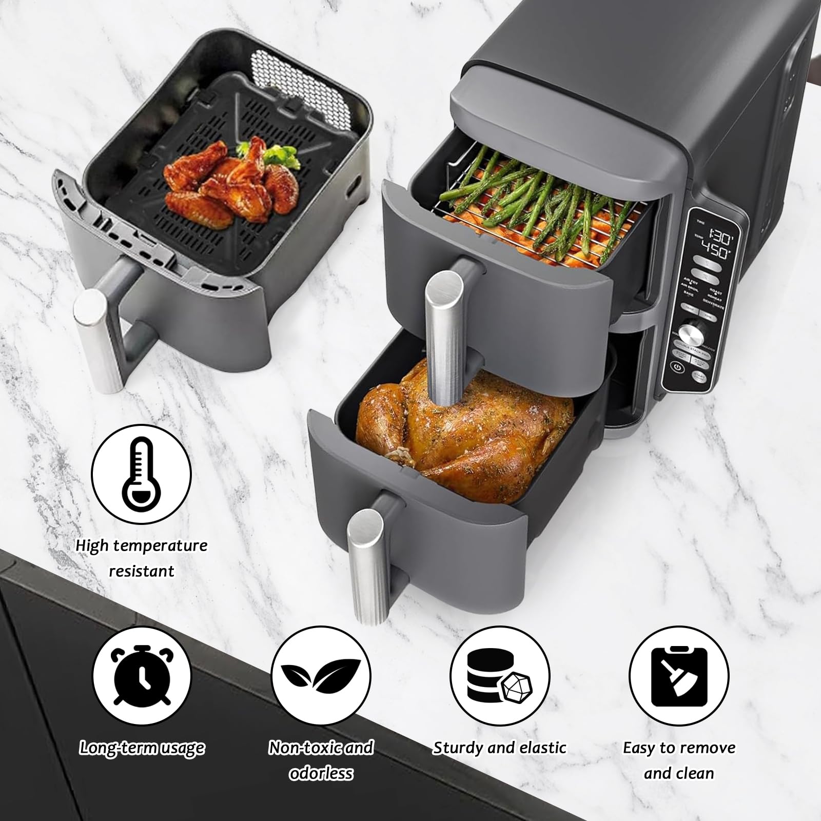 2 Stück Air Fryer Grill Pfanne für Ninja SL401 Dual Stack XL 2,Ersatz Airfryer Crisper Plate Grill Tray Zubehör,Air Fryer Replacement Parts Grillplatte Tray mit Gummipuffer und Halterung