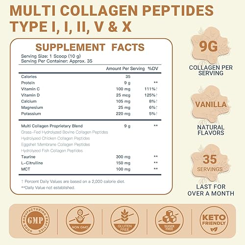 Miniatura 2 de DRFOSTER Péptidos de colágeno de vainilla en polvo para mujeres y hombres, colágeno multi tipo I II III V X con multivitaminas y minerales para