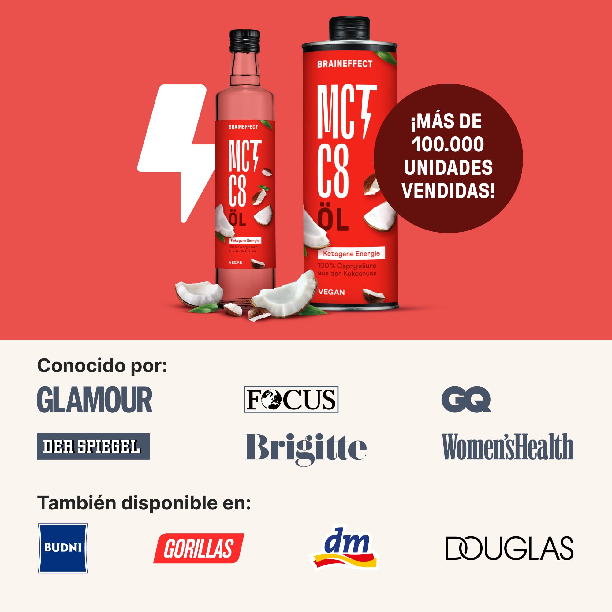 BRAINEFFECT Aceite MCT 100% C8 - Calidad alemana - Aceite C8 puro (sin C10) extracto de coco de primera calidad - 1000 ml - Botella metálica protectora
