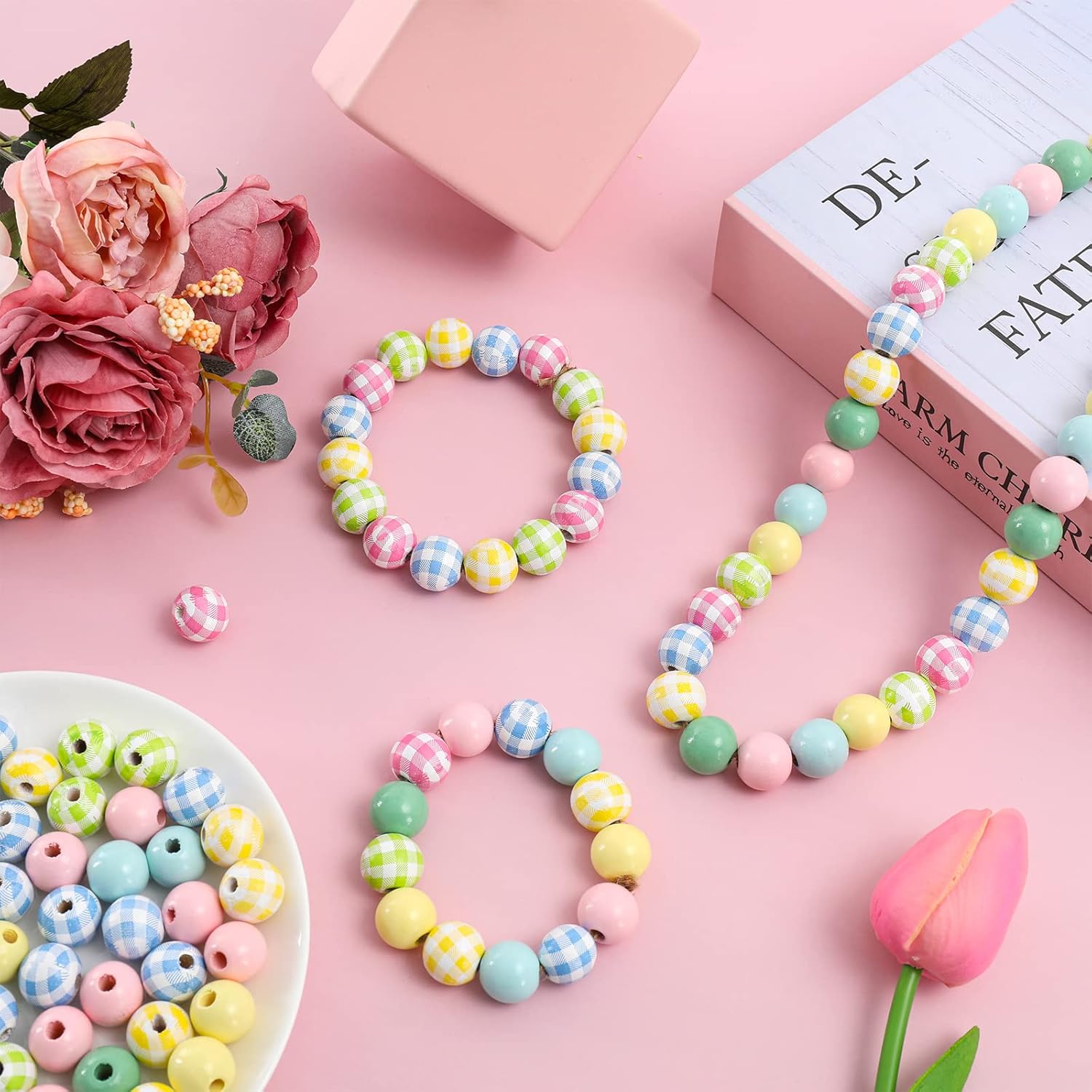 Whaline 240 Macaron Wooden Craft Beads Blue Green Yellow Pink Colorful Wooden Round Beads Plaid Round Wood Polished Spacer Bead Bubblegum Loose Beads for DIY Lanyard Key Chain Handmade Jewelry Decor - Image 5