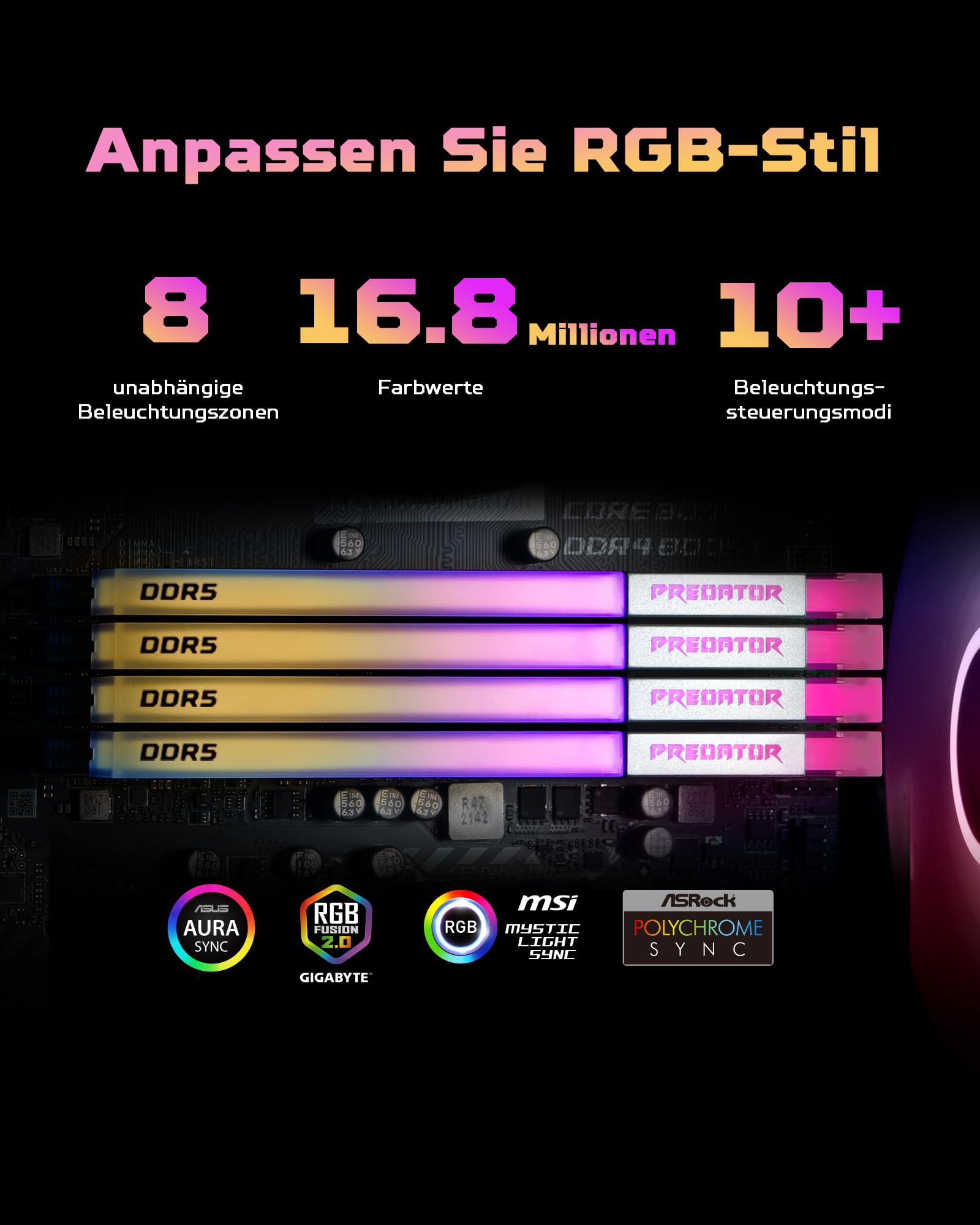 Acer Predator Vesta II DDR5 RGB RAM 32GB (16GBx2) CL36 bis zu 6000MHz - Intel XMP 3.0 & AMD EXPO - PC Computer Gaming Arbeitsspeicher (Schwarz)