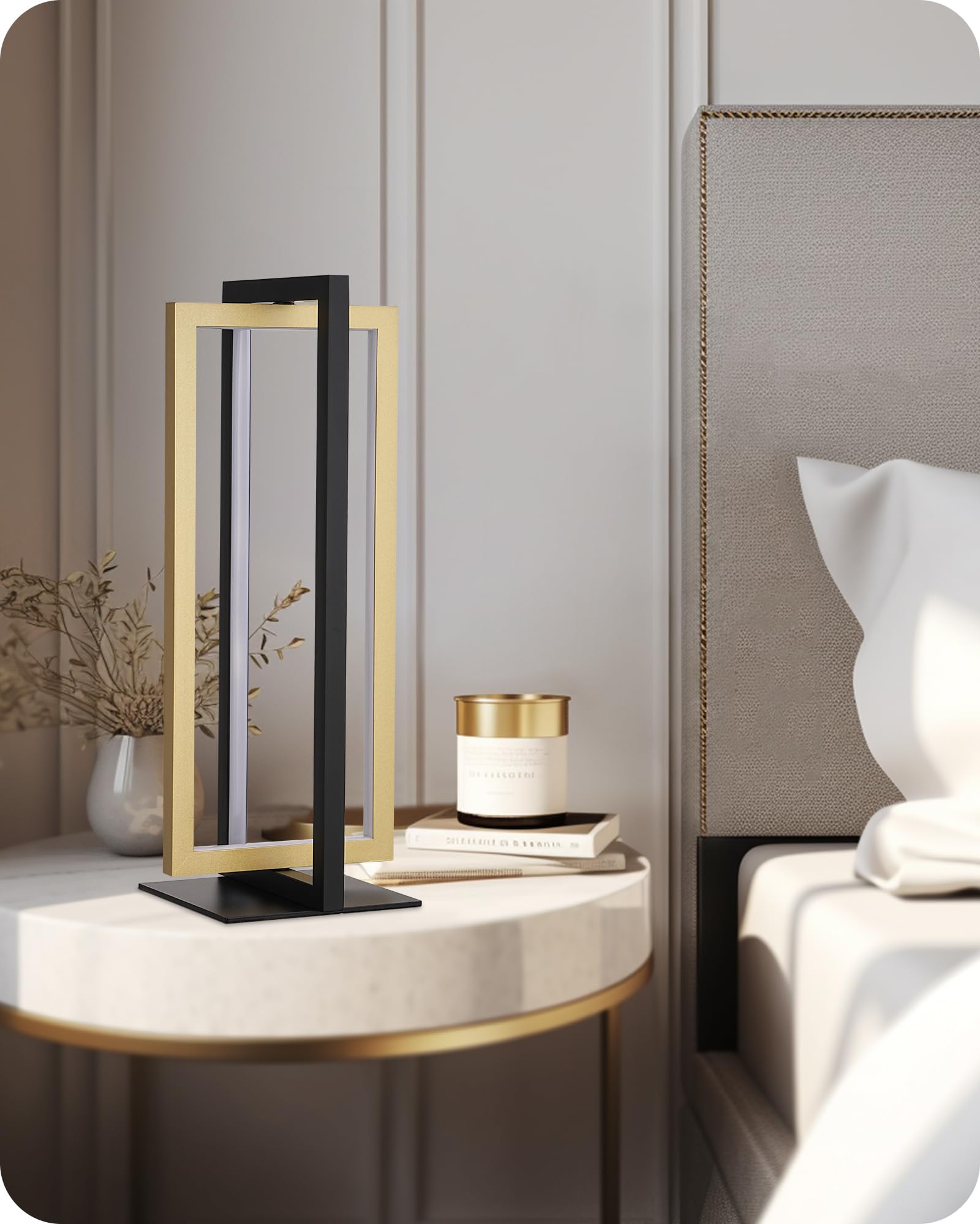 EDISHINE Lámpara de Mesa LED Negro Oro, Táctil Regulable, 3 Temperaturas | Lámpara Mesita con Estructura Metálica Giratoria, Función Memoria, 750 Lúmenes, para Dormitorio, Salón y Oficina