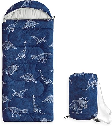 Wake In Cloud - Kids Sleeping Bag for Boys Toddlers, Camping in Warm Cold Weather, Backpacking Lightweight Compact Outdoor Liner for 3 Seasons, Dinosaur Sketch, Navy Blue