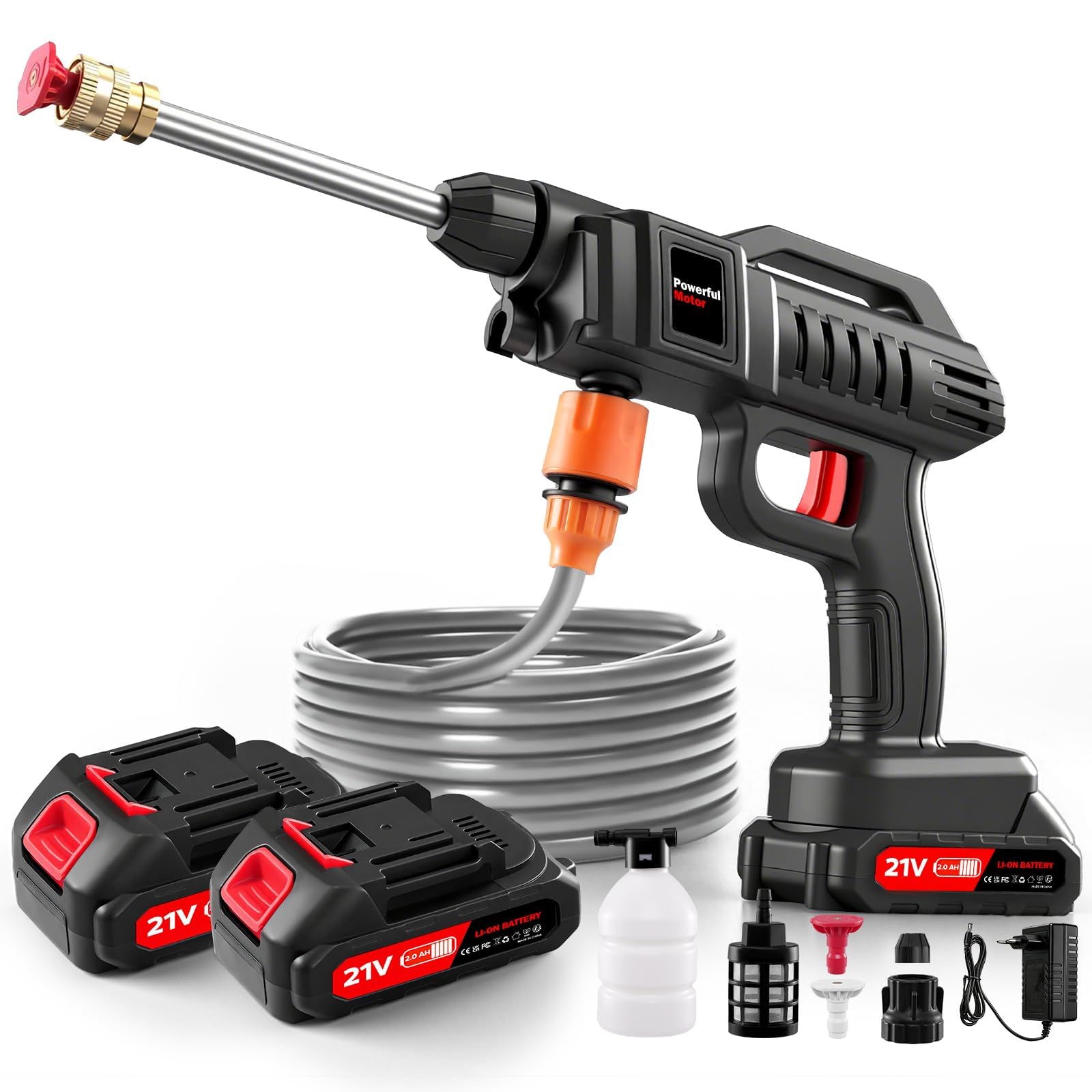 Akku Hochdruckreiniger kabellos, 60 Bar, 2x2000mAh, 5m Schlauch. Hochdruckreiniger akku für Auto/Garten. Akku druckreiniger mit 2-in-1 Düse & Schaumsprüher. Ideal für Fahrrad, Terrasse, Camping