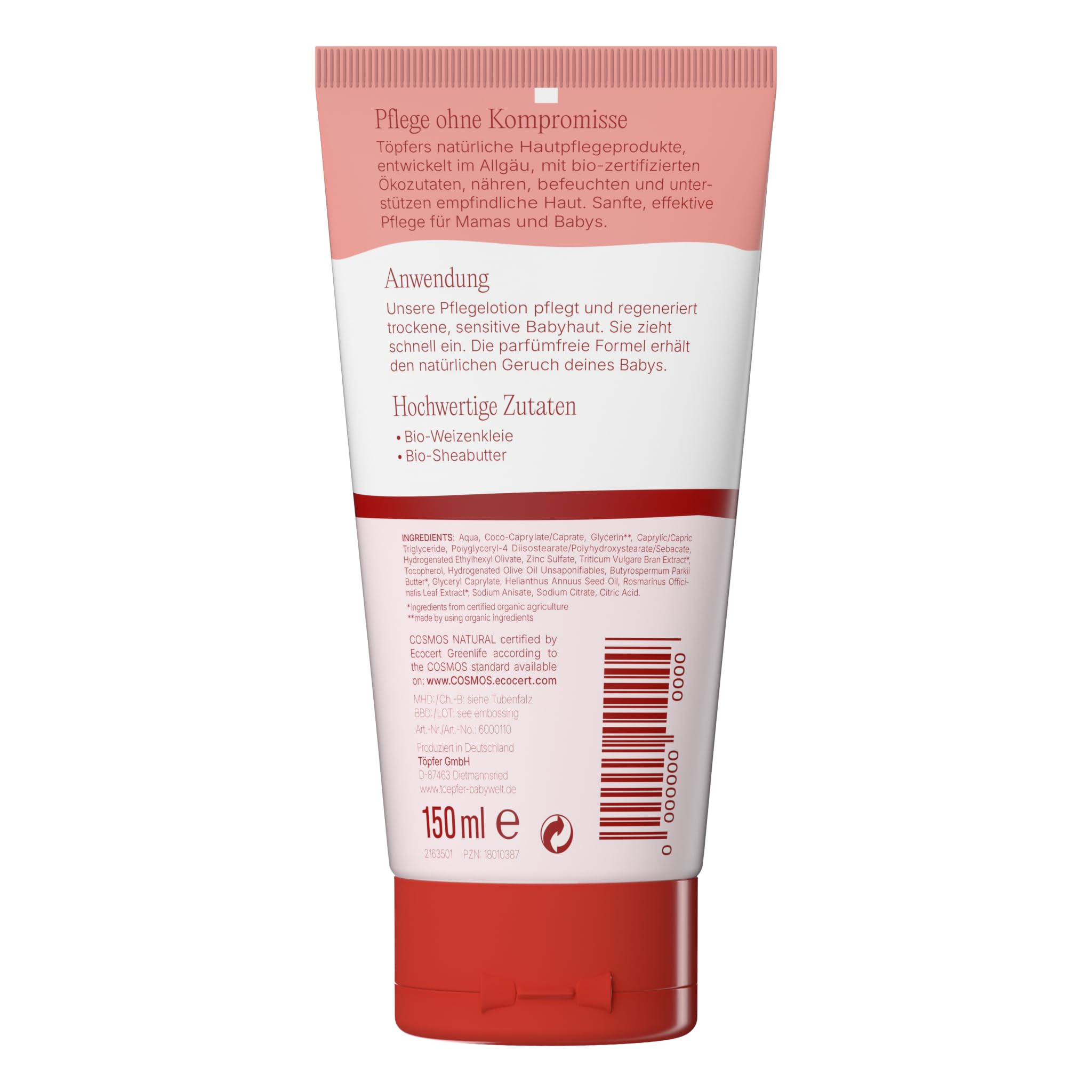 Töpfer Babycare Sensitiv Lot de 6 lotions de soin pour peaux sèches et sensibles de bébé Avec son de blé bio Sans gluten 6 x 150 ml