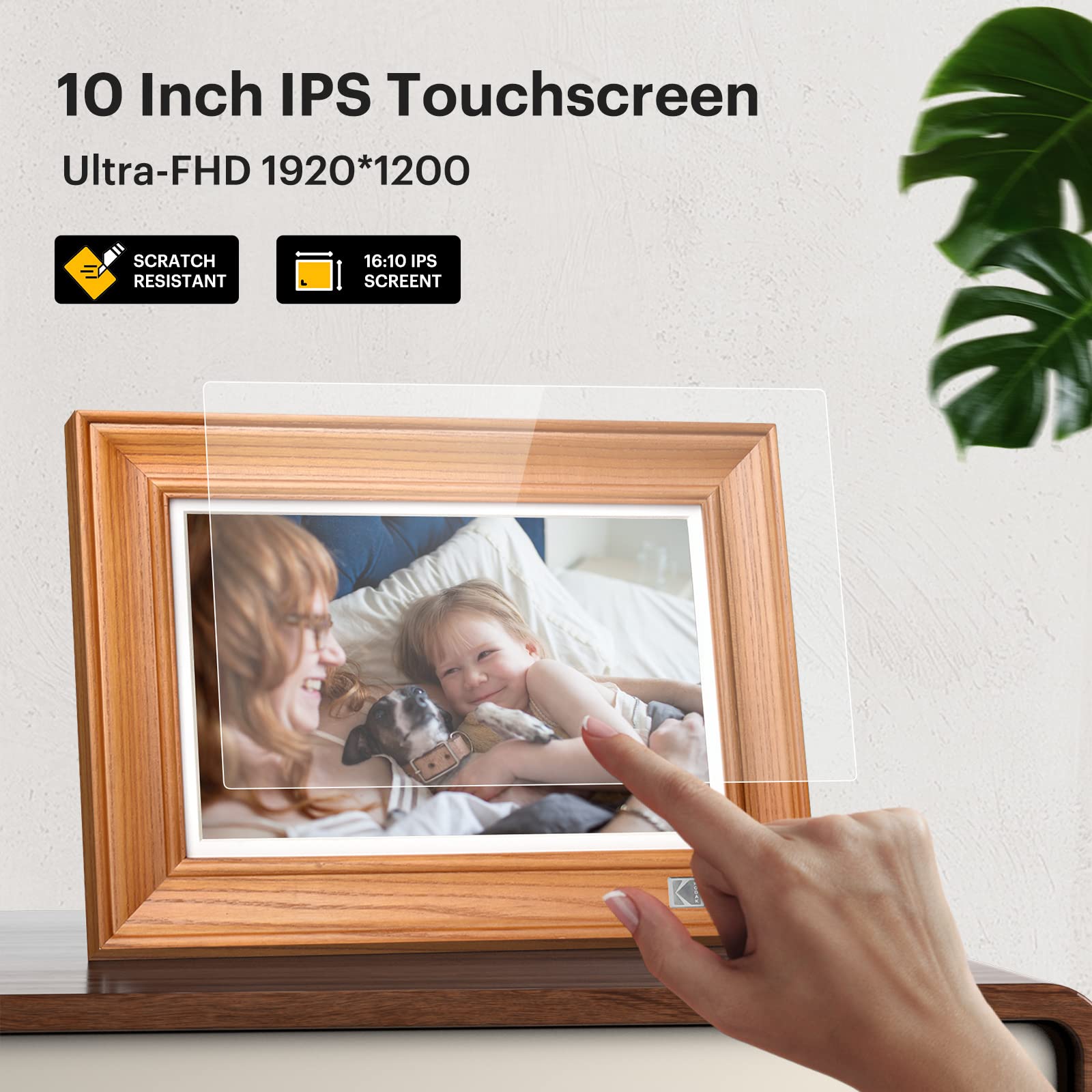 KODAK Cornice Digitale WiFi Cornice Foto Digitale 10 pollici, FHD 1920 * 1200 Touchscreen, Cloud Cornice Elettronica in Legno con Memoria da 32GB, Condivisione di Foto, Video e Musica via USB o App