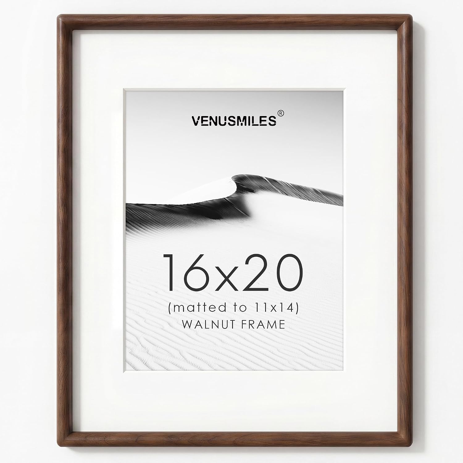 16 x 20 Picture Frame, Solid Walnut Wood Frame Matted for 11x14 Photos | Handcrafted Rounded Corners 16x20 Wooden Frame, HD Tempered Glass, Mortise-Tenon Joints, Horizontal or Vertical Wall Mounting