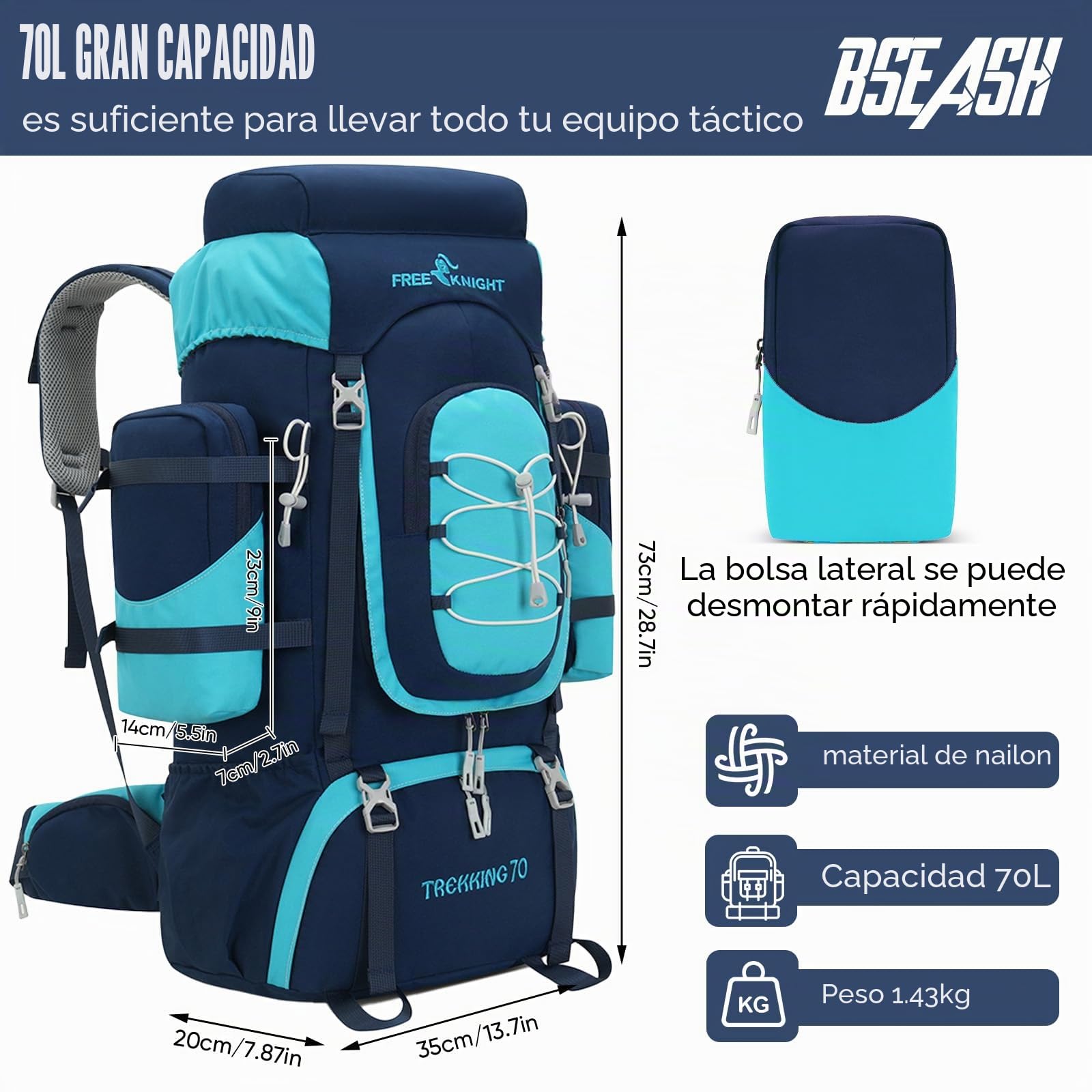 Bseash Mochila impermeable de 70 L (65+5) para senderismo, camping, con cubierta para lluvia, deportes al aire libre, viajes, para escalada y turismo
