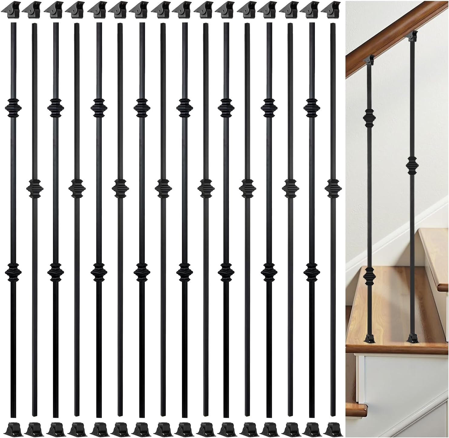 16 Pack Balusters for Staircase Interior Hollow Double and Single Knuckle Stair Spindles 1/2" Square Iron Balusters with 32 Swivel Shoes(A341-16)
