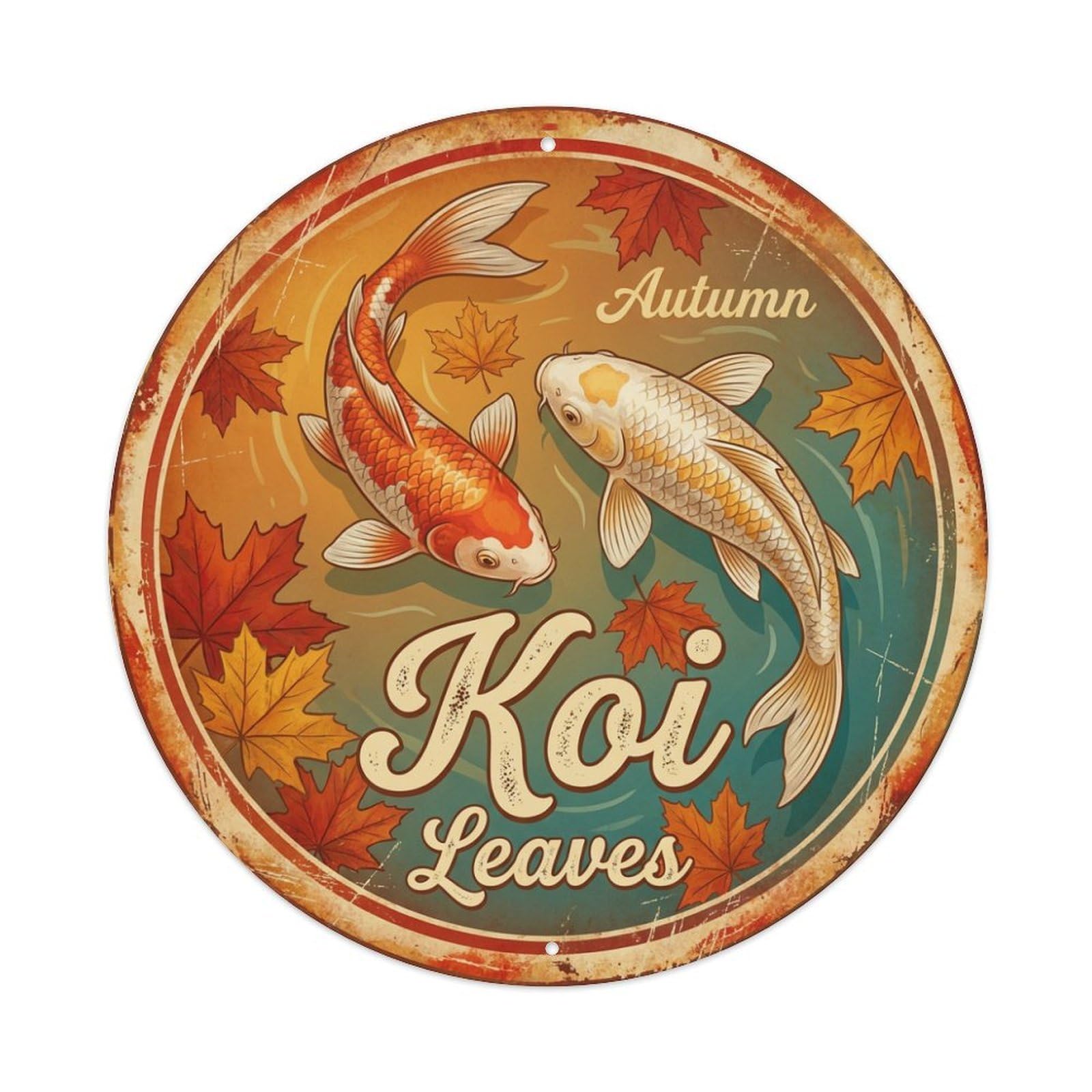 Fyrn Style Metal Tin Sign Koi Fish Autumn Leaves Gold Japanese Vintage