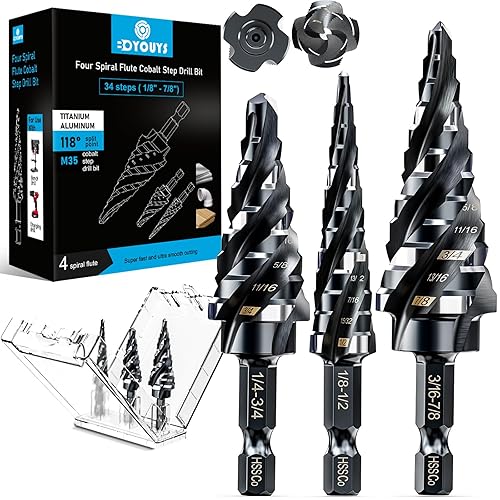 M35 - Juego de brocas de cuatro pasos de flauta en espiral, 18"-78" (3 unidades), vástago hexagonal de 14 de pulgada, broca escalonada de cobalto