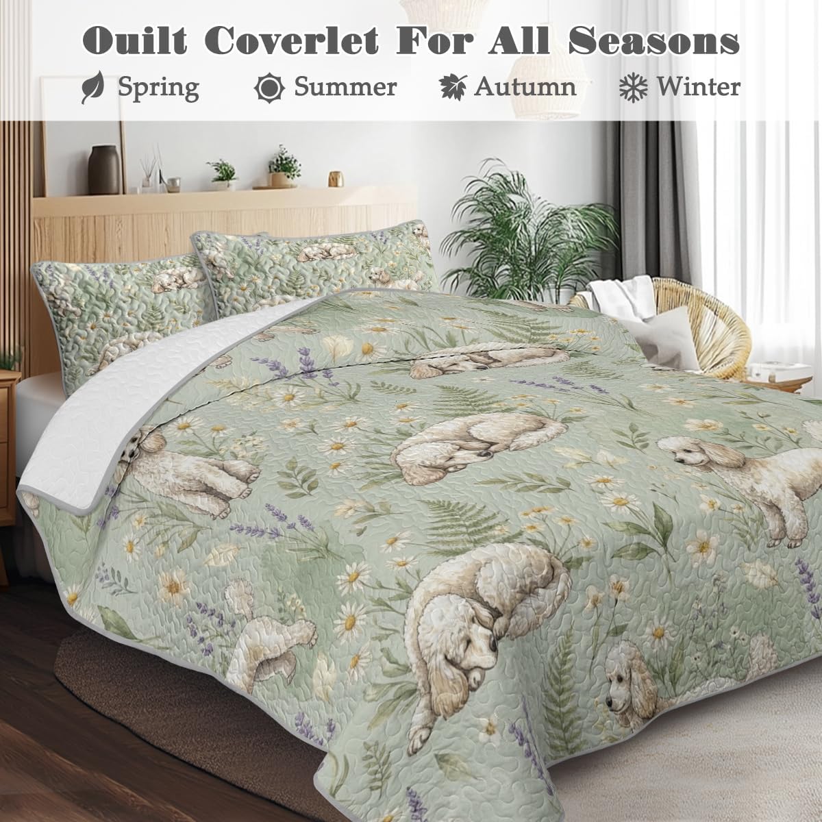 BlessLiving Poodle Floral Quilt Set Full Queen, Elegant Dog Bedding, Soft Lightweight Flower Puppy Bedspread Coverlet, Aesthetic Cottagecore Dog Bedding with 2 Pillow Shams