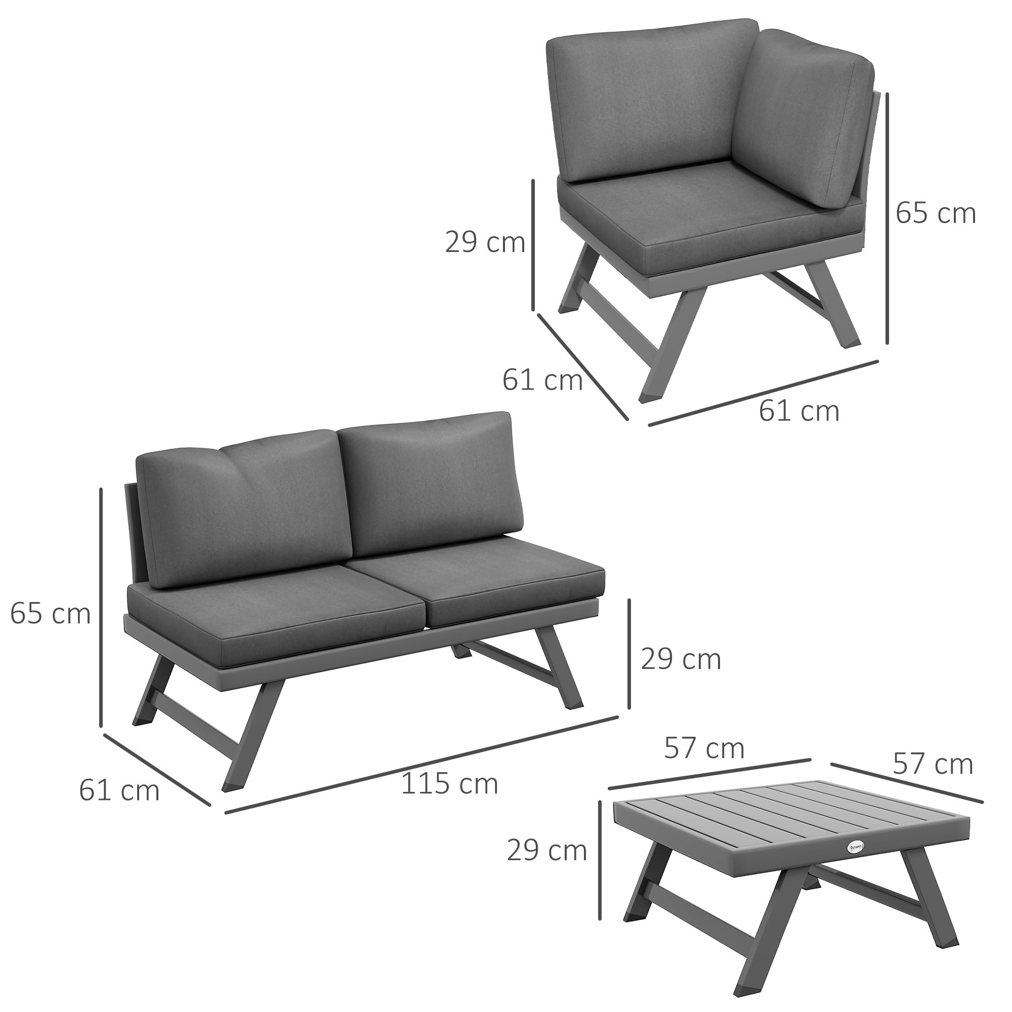 Outsunny Salon de Jardin Extérieur d'angle Convertible 4 Pièces Gris | 2 Banquettes, 1 Fauteuil, 1 Table Basse, Mobilier Aluminium et Acier, Terrasse Balcon