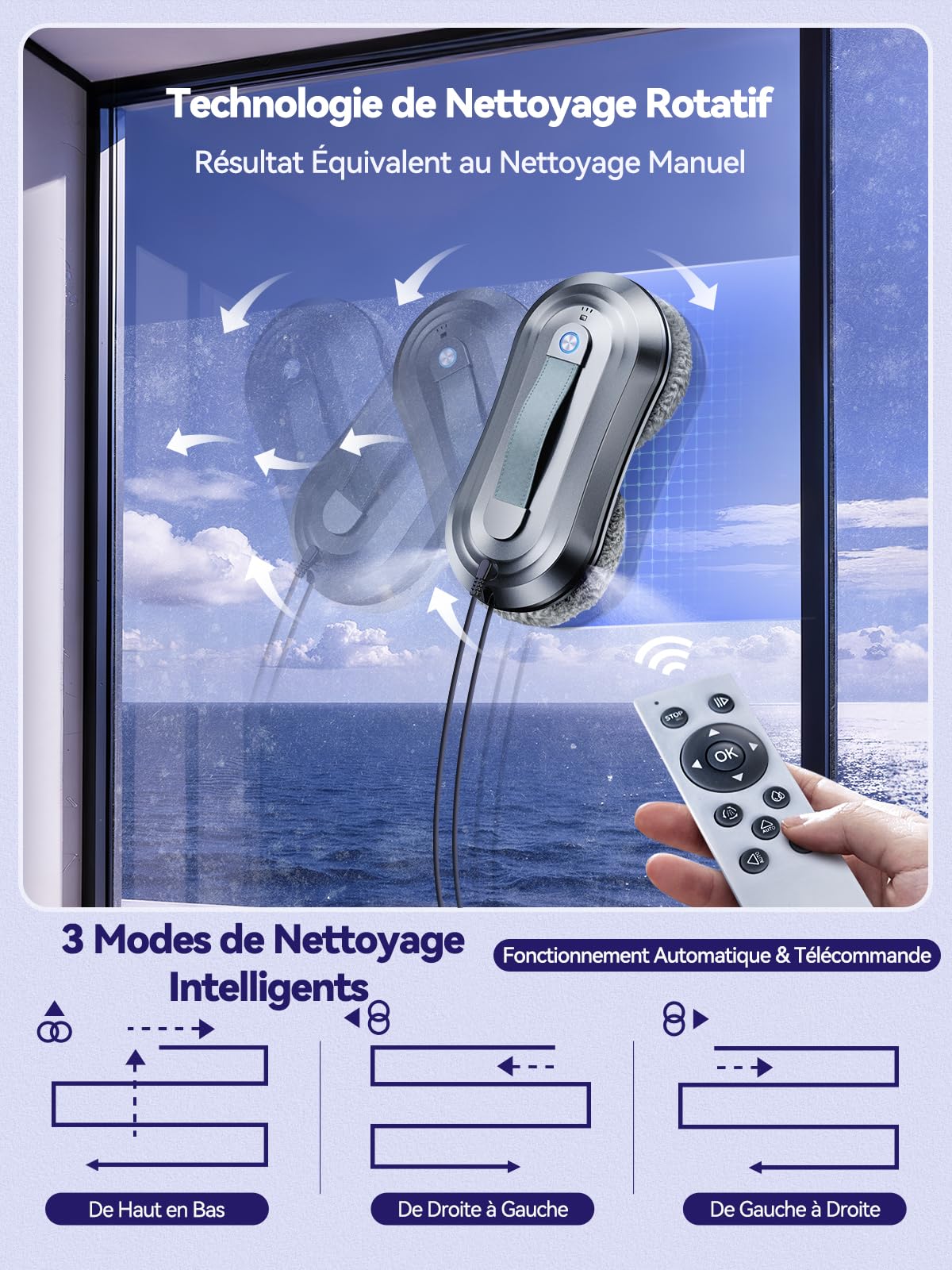 Robot Laveur de Vitre, Fonction Vaporisation, Aspiration Turbo 7000Pa, Silencieux, 3 Modes, Navigation Intelligente, Détection Bords, 10 Lingettes