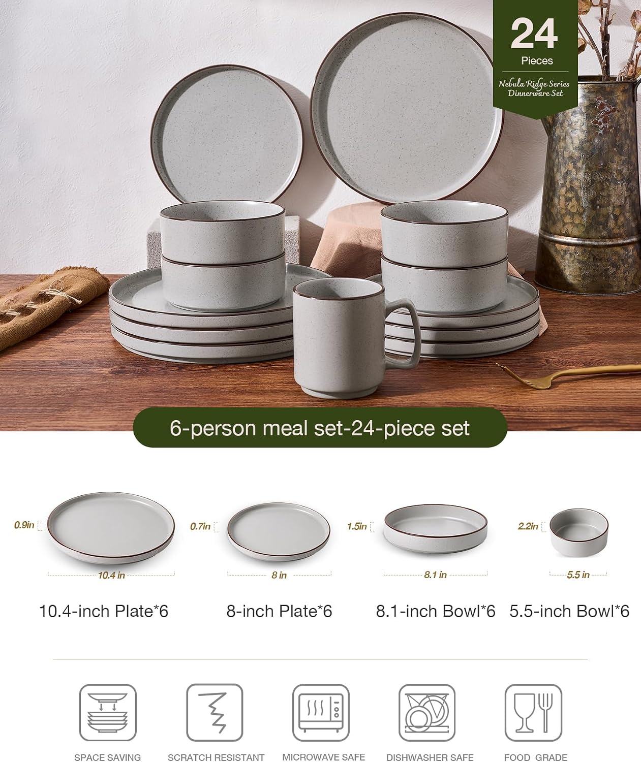 Famiware Nebula Ridge 24-Piece Dinnerware Set with Pasta Bowls, Light Gray image 2