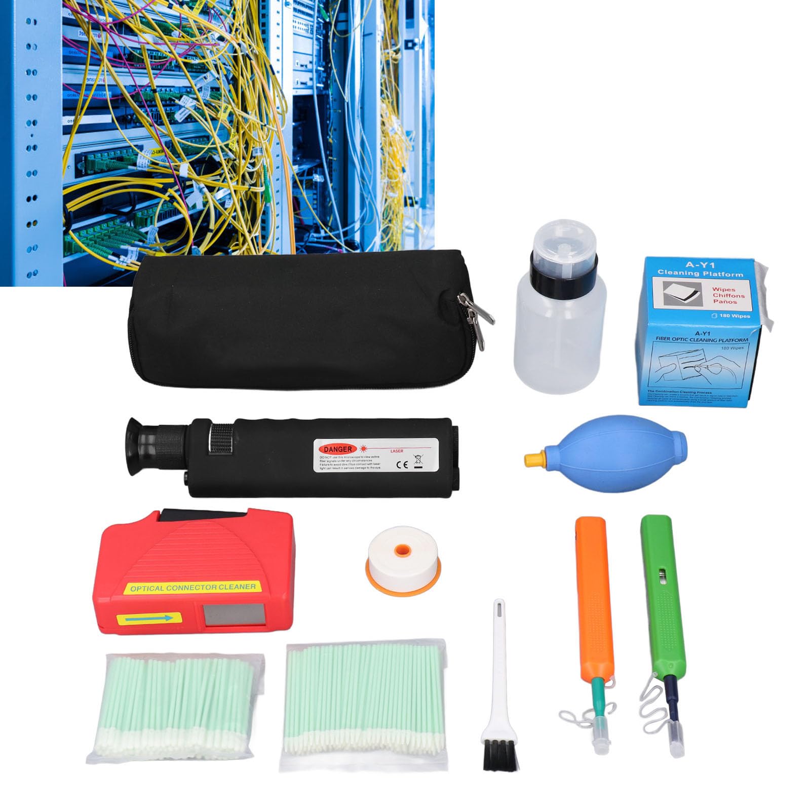 Kit de limpieza de fibra óptica 13 en 1, herramienta de limpieza para cables de fibra óptica con lupa de 400x para interfaces FC, SC, ST y LC de 1,25/2,5 mm, incluye plumas de