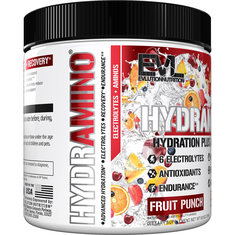 Evlution Nutrition HYDRAMINO Complete Hydration Multiplier, 6 Electrolytes, Vitamin C & B, Fluid Boosting Aminos, Coconut Water, Endurance, Recovery, Antioxidants, 30 Serve, Fruit Punch (Dye Free) — Amazon image 6