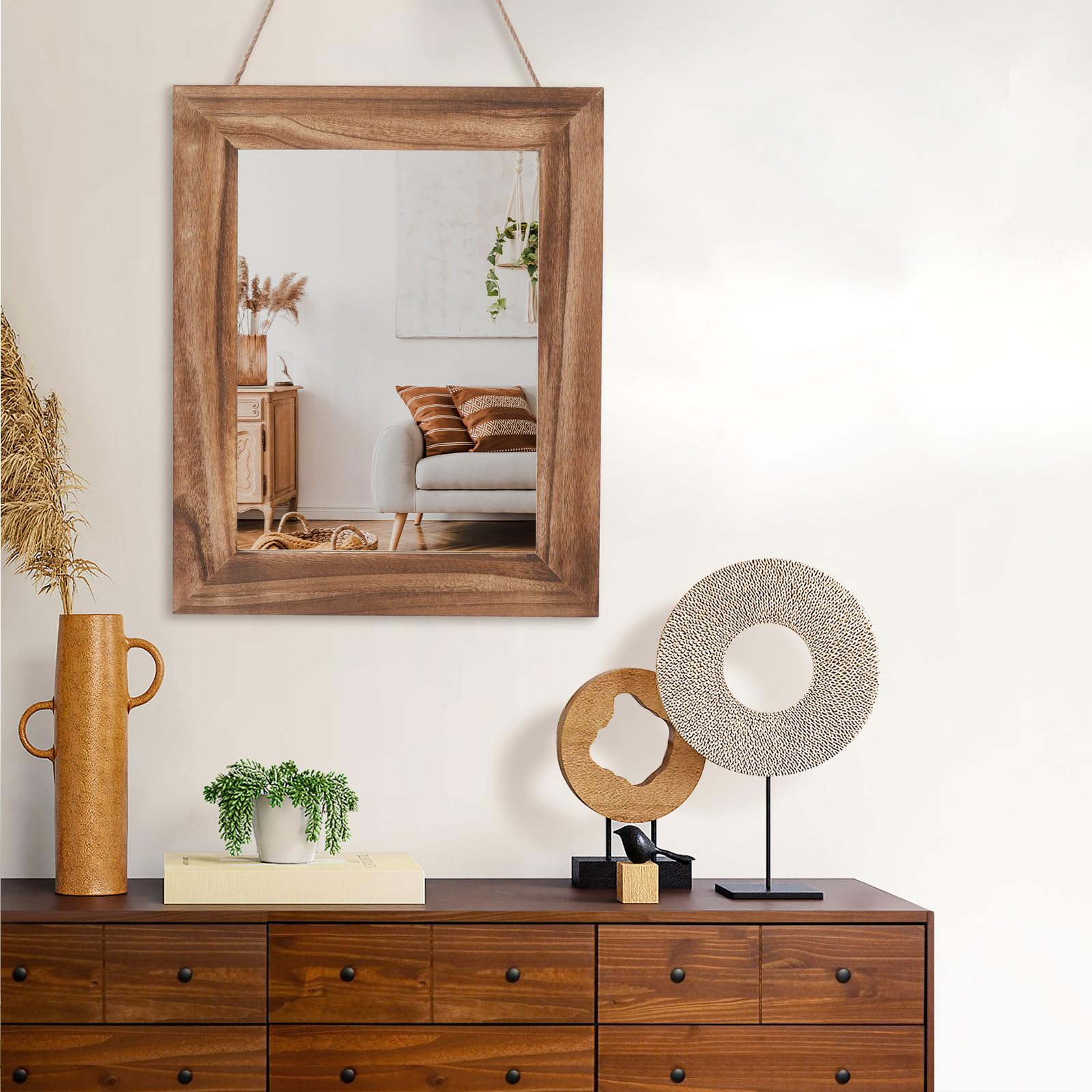 Muzilife Espejo de pared de madera maciza de 40 x 50 cm, espejo rectangular con marco de madera para dormitorio, baño, salón, pasillo, con cuerda de lino, color marrón