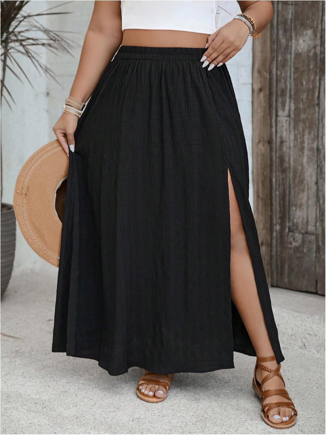 GORGLITTER Women's Plus Size Maxi Skirt Boho Summer Flowy Tiered A Line High Waisted Side Split Long Skirts with Slit - Image 3