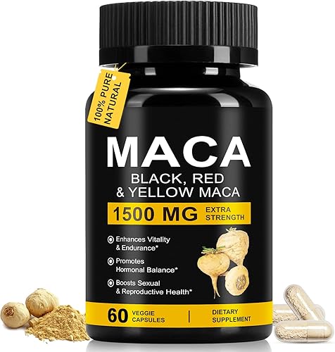 Cápsulas de polvo de raíz de maca orgánica de 1500 mg con suplemento de extracto de raíz de maca peruana negra + roja + amarilla para hombres y