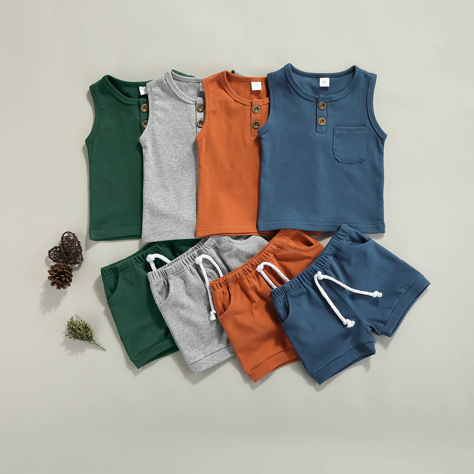 Ledy Champswiin Infant Baby Boy Summer Clothes Solid Outfit Button Cotton Tops Pocket Drawstring Shorts 2pcs (Pocket Blue, 6-12 Months)